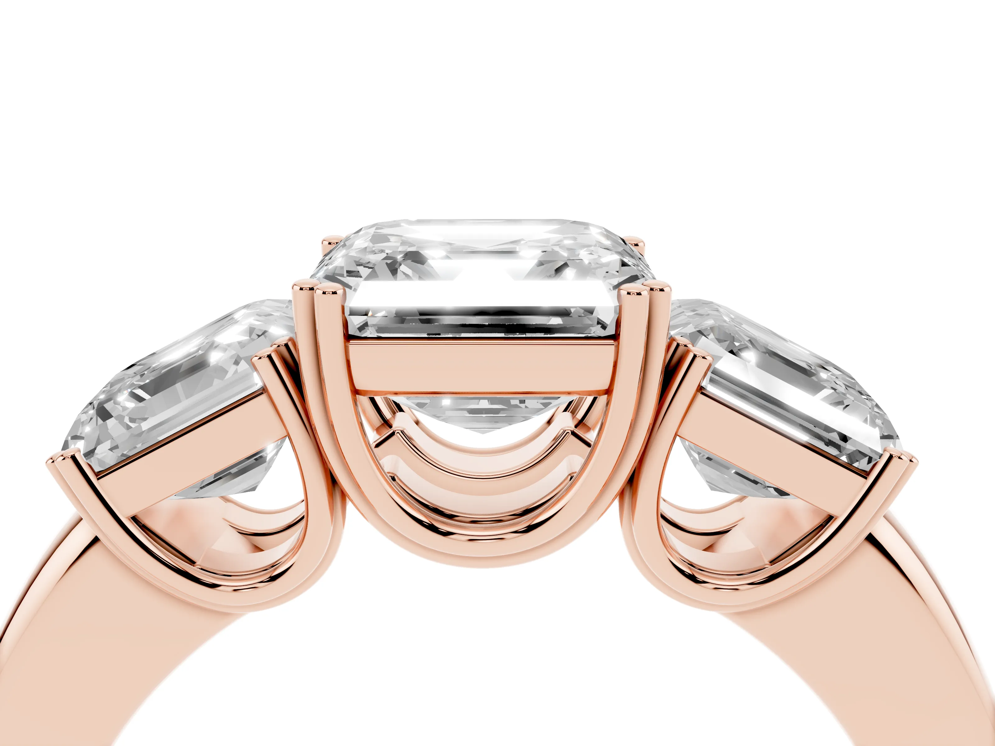 Asscher Cut Diamond Three-Stone Ring Set in Rose gold with Polished Band and Prong Setting