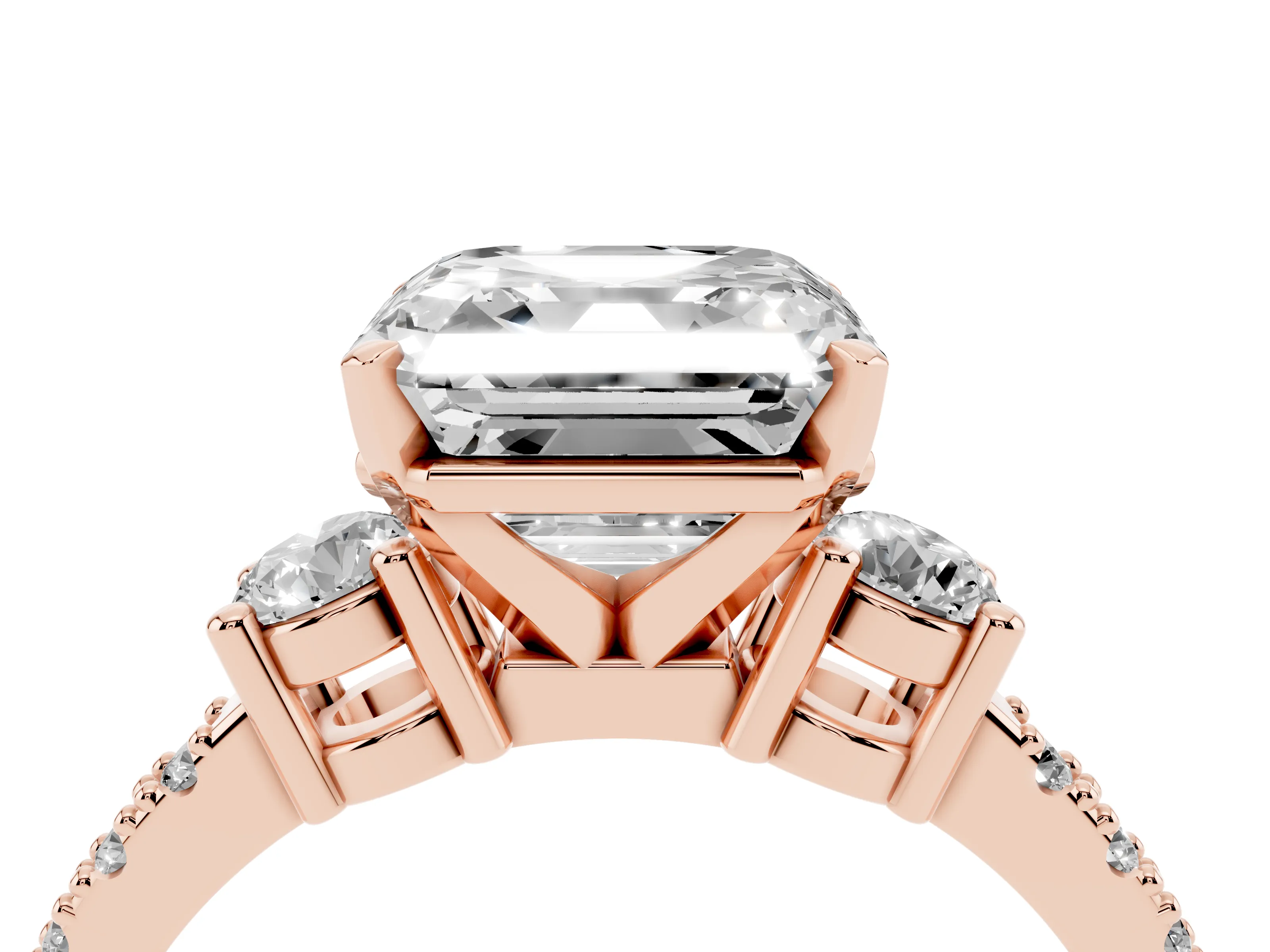 Three-Stone Asscher Cut Diamond Pavé Band Ring Set in Rose gold with Prong Setting