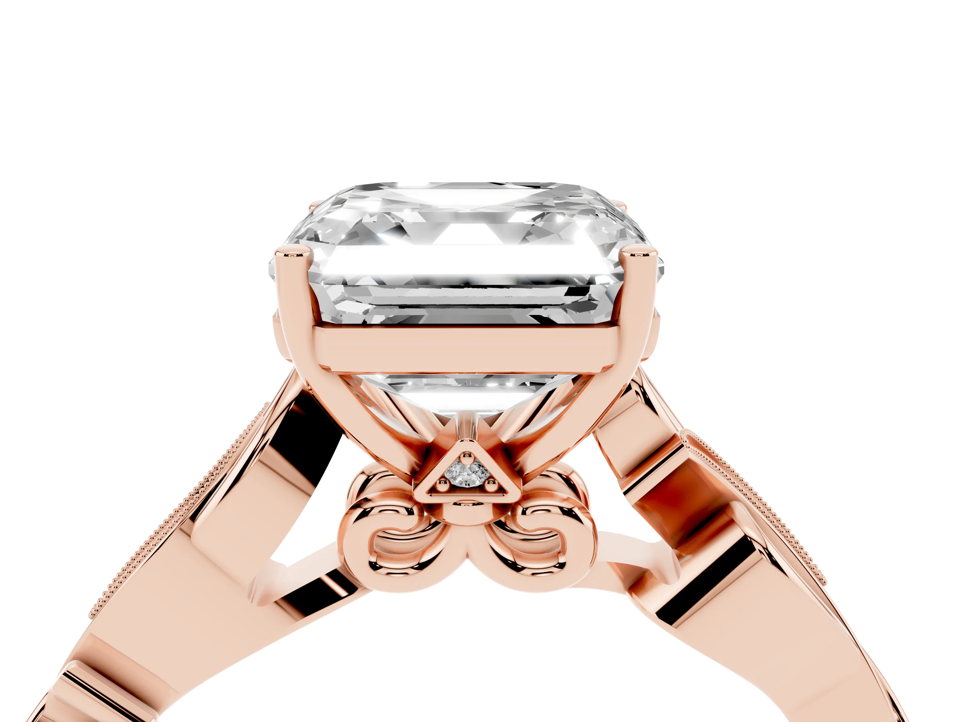Asscher Cut Diamond Vine Band Solitaire Ring Set in Rose gold with Milgrain Prong Setting
