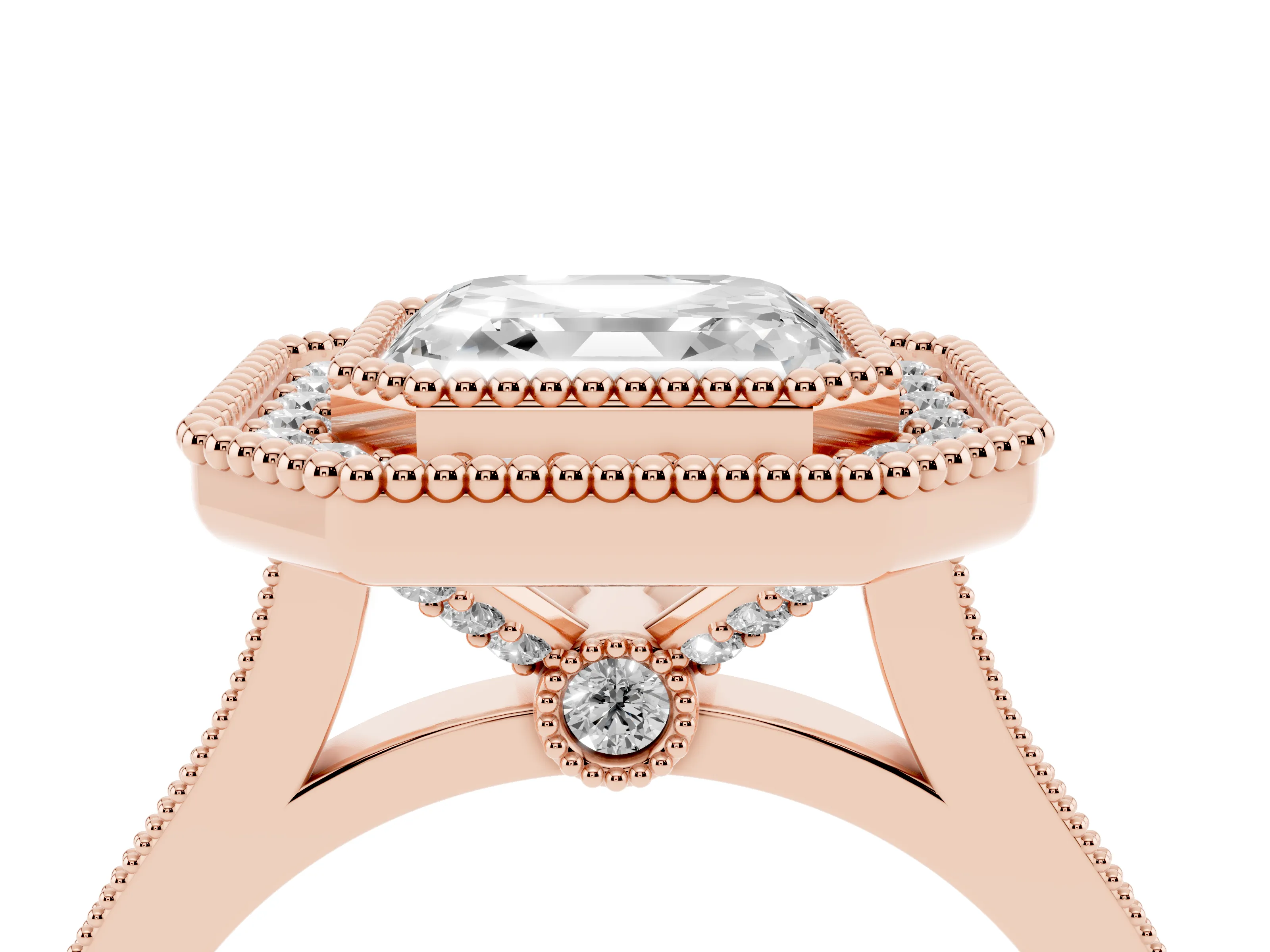 Asscher Cut Diamond Halo Ring Set in Rose gold with Milgrain Frame and Pavé Band