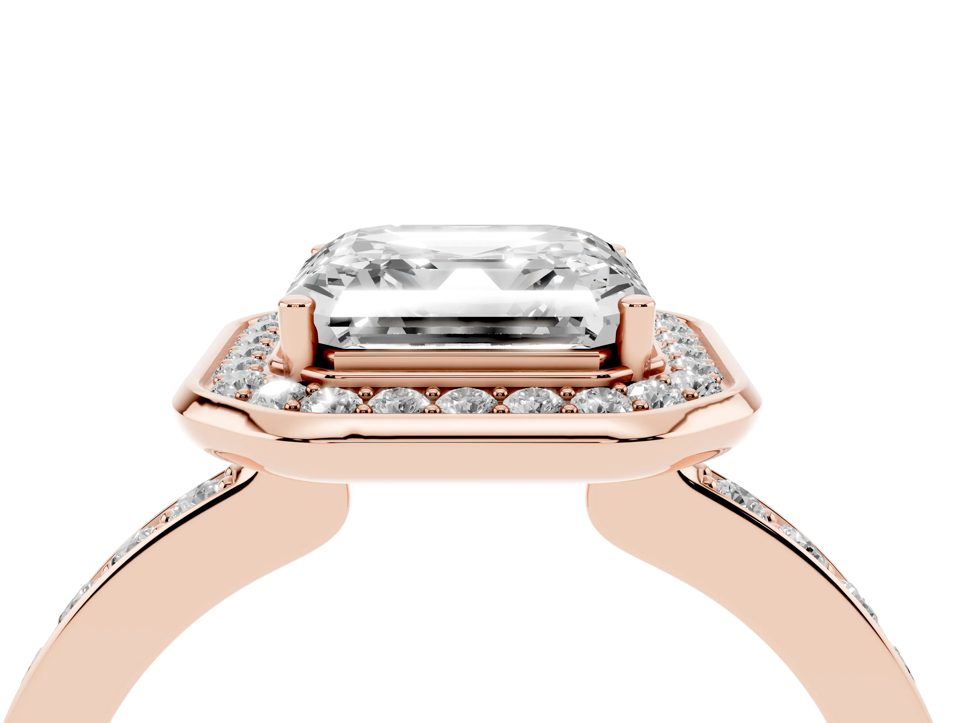 Asscher Cut Diamond Halo Ring Set in Rose gold with Bezel Frame and Pavé Band