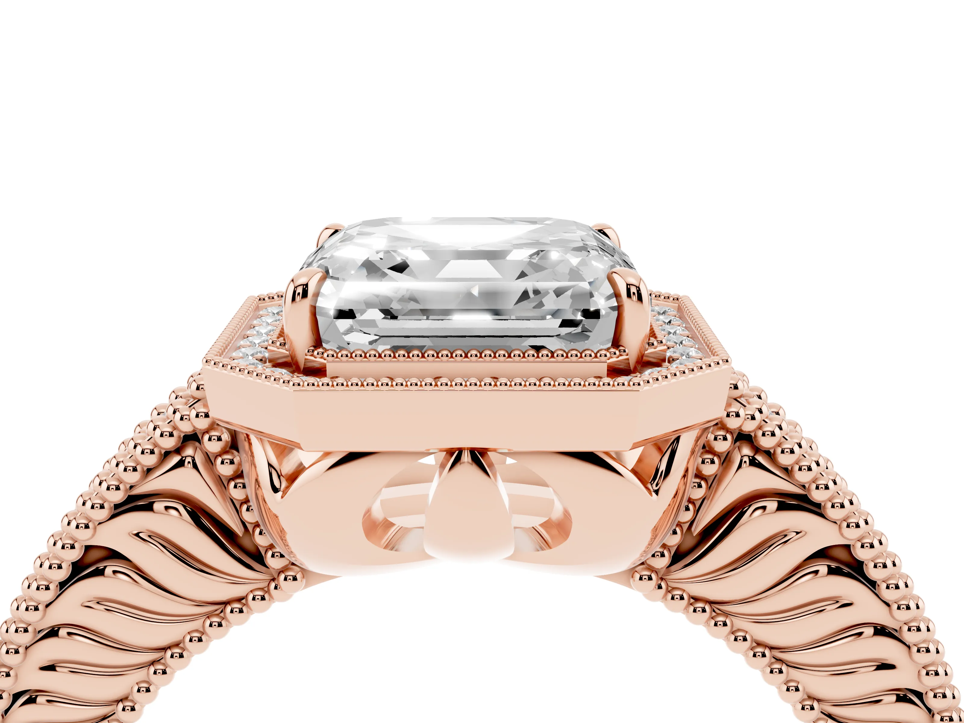 Asscher Cut Diamond Halo Ring Set in Rose gold with Round Accent Halo, Pavé Band and Prong Setting