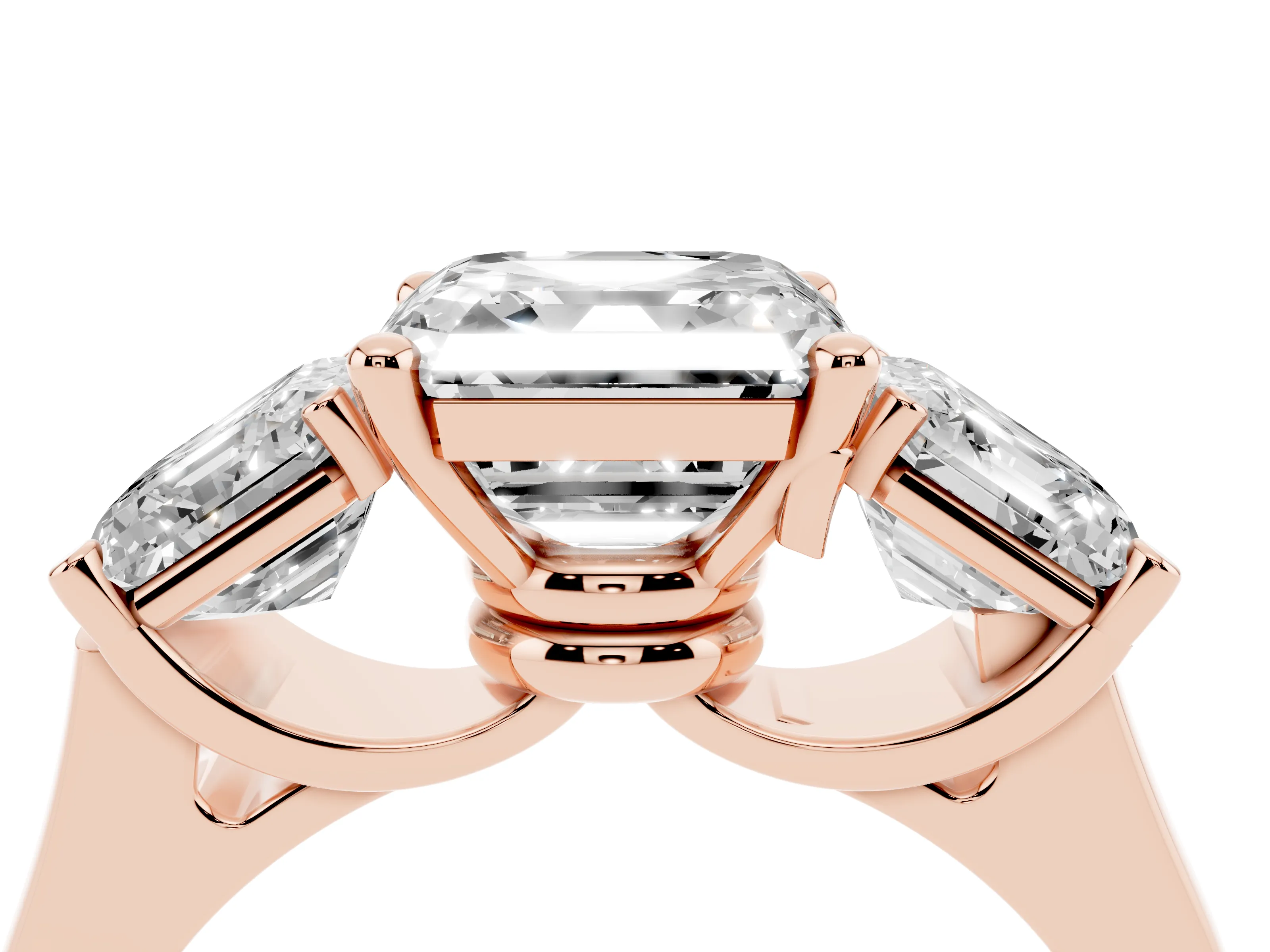Asscher Cut Diamond Three-Stone Trellis Ring Set in Rose gold with Comfort Fit Band