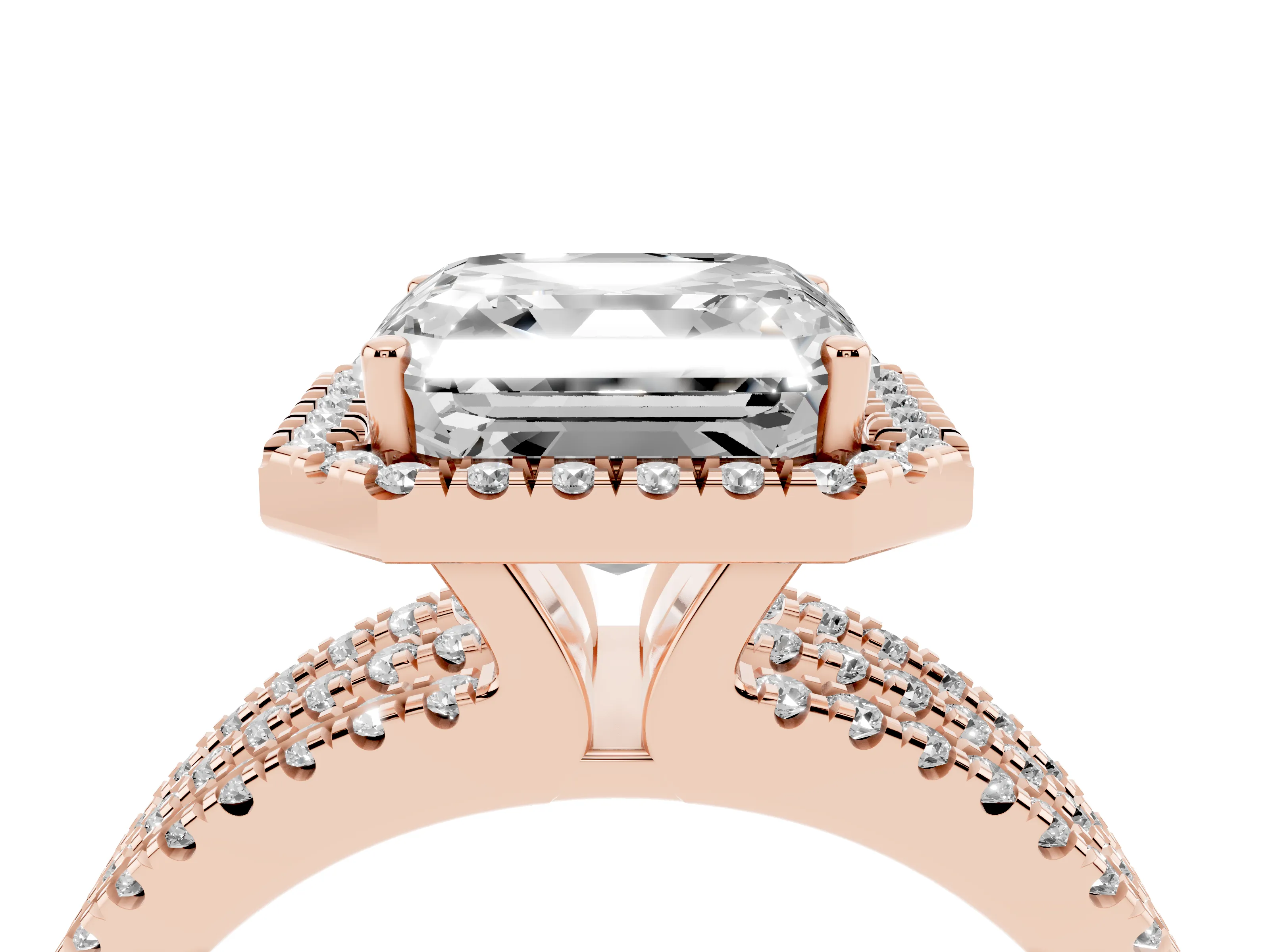 Asscher Cut Diamond Halo Split Shank Engagement Ring Set in Rose gold with Prong Setting