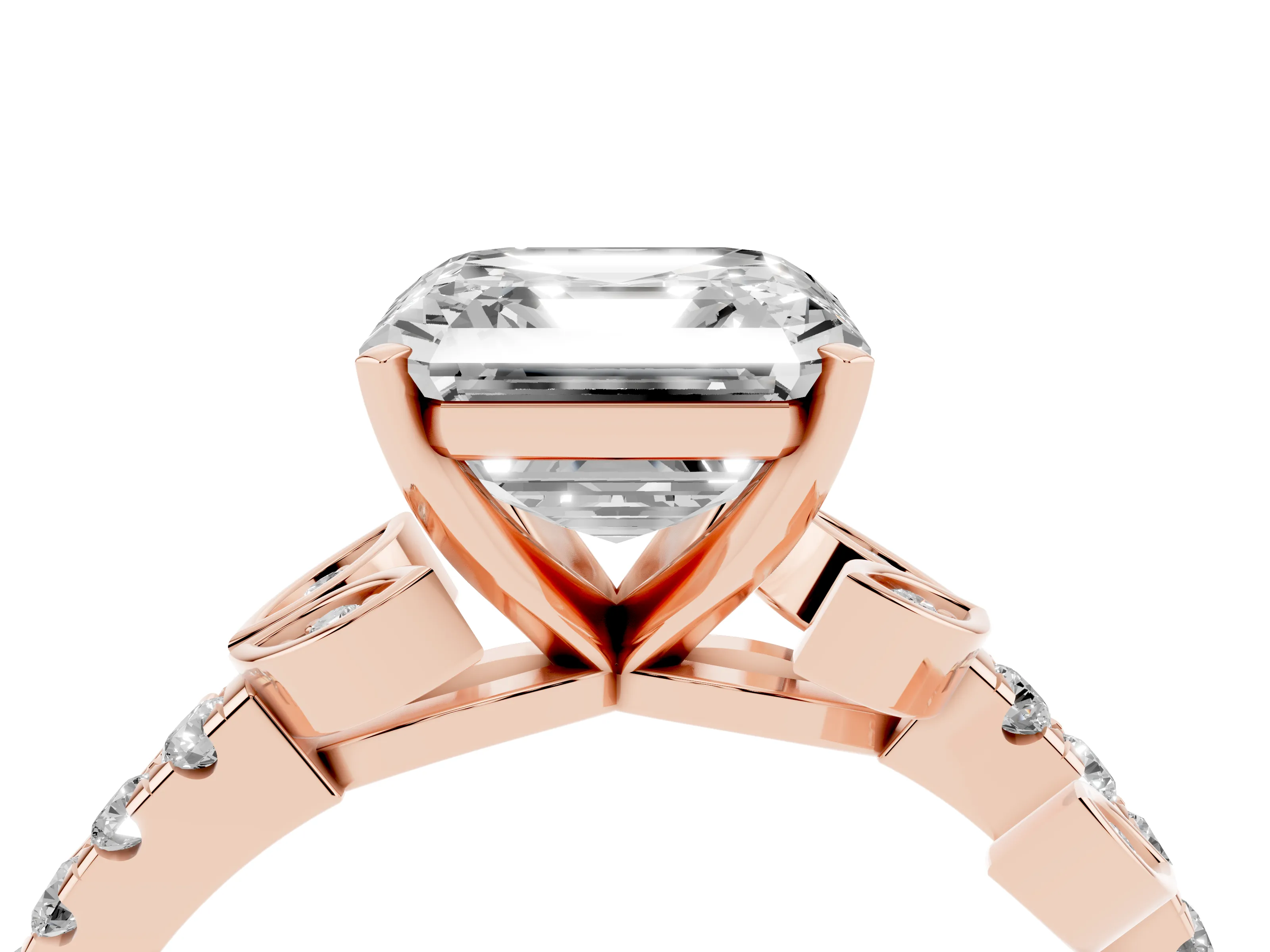 Asscher Cut Diamond Solitaire Leaf-Inspired Ring Set in Rose gold with Pavé Band and Prong Setting