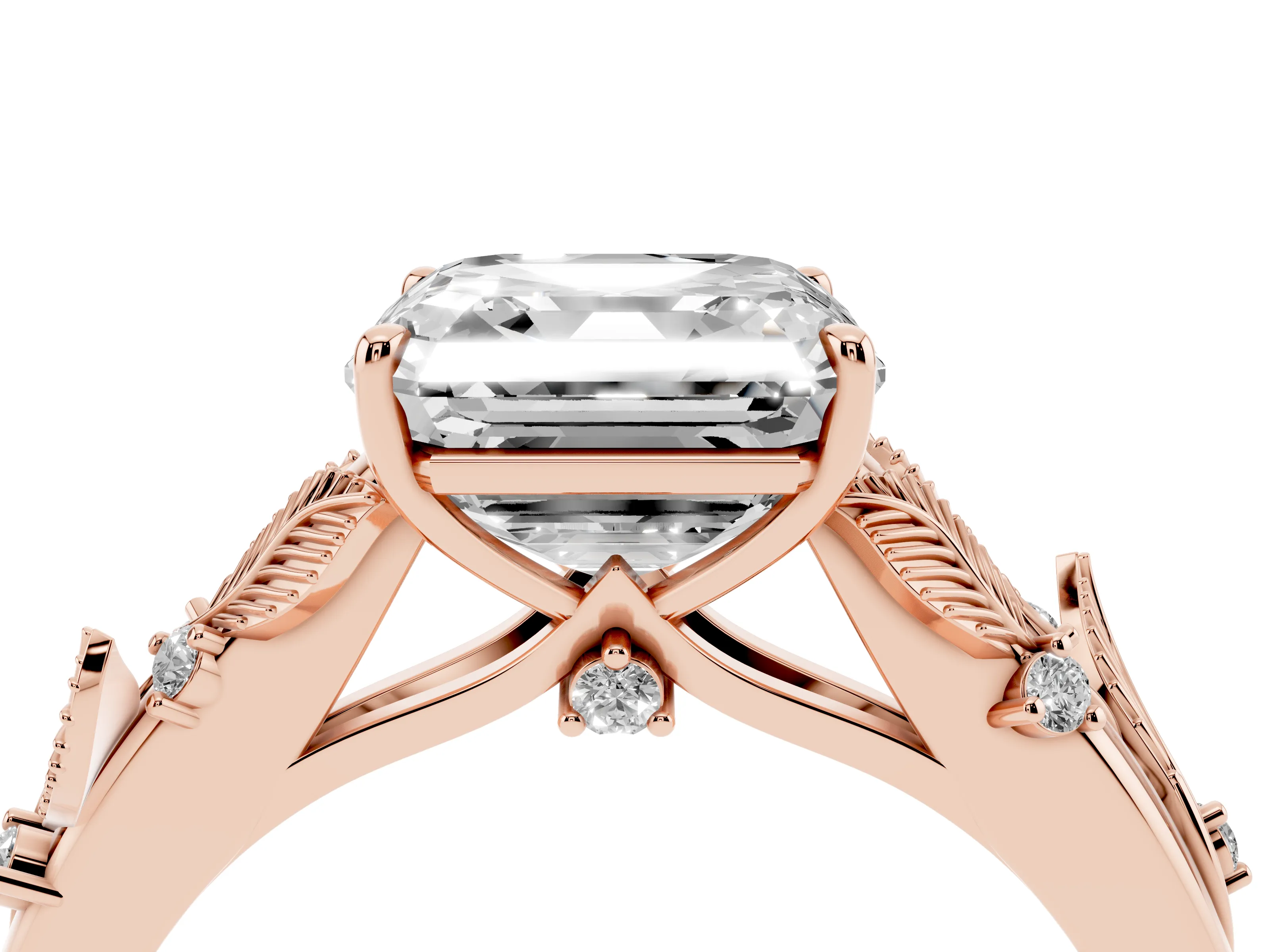 Asscher Cut Diamond Solitaire Ring Set in Rose gold with Leaf Motif Band
