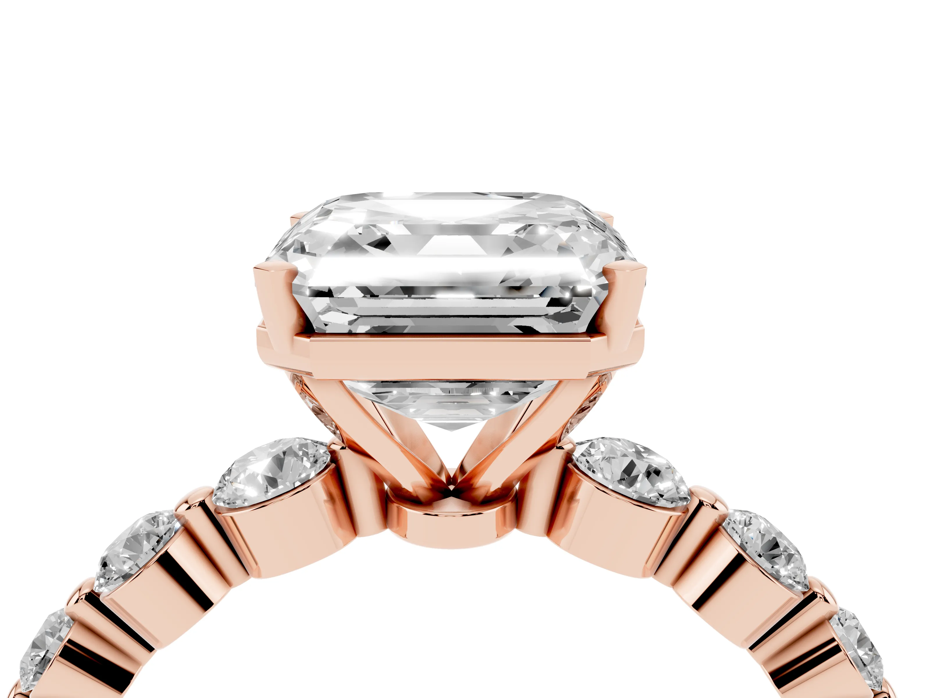 Asscher Cut Diamond Solitaire Ring Set in Rose gold with Pavé Band and Prong Setting