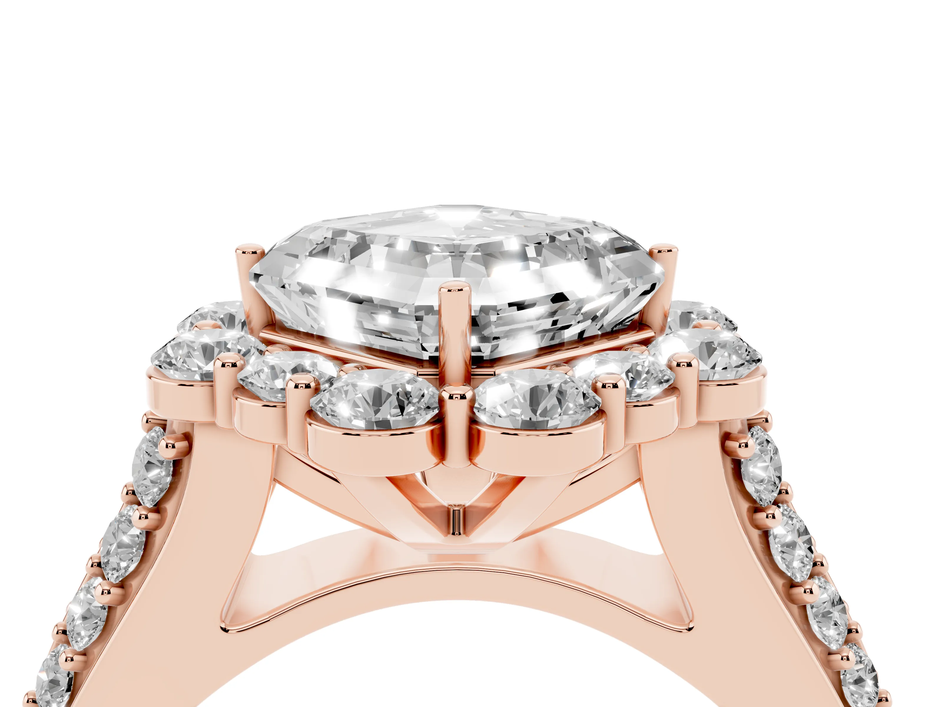 Asscher Cut Diamond Halo Engagement Ring Set in Rose gold with Split Shank and Prong Setting
