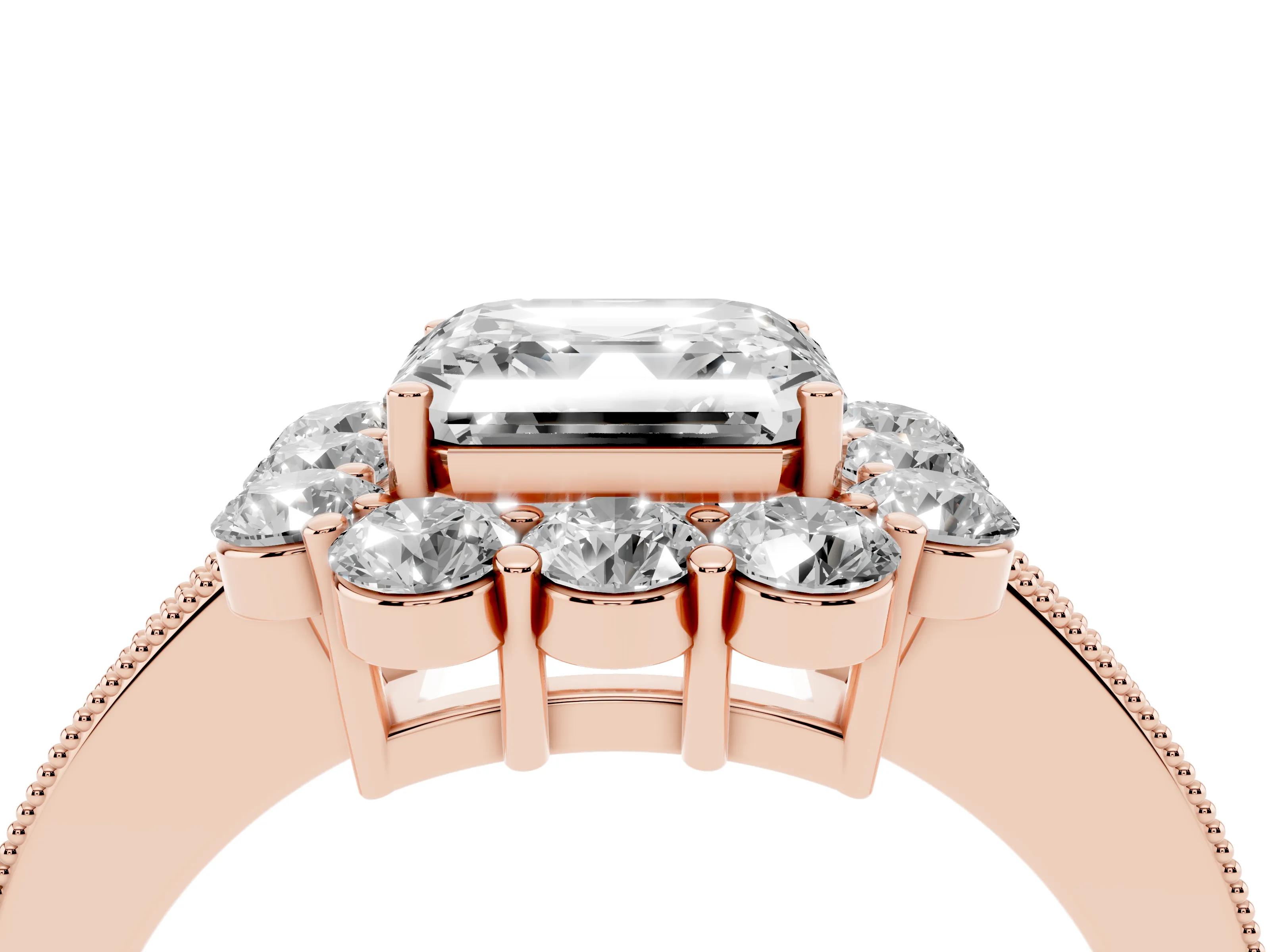 Asscher Cut Diamond Halo Pavé Engagement Ring Set in Rose gold with Milgrain Detailing