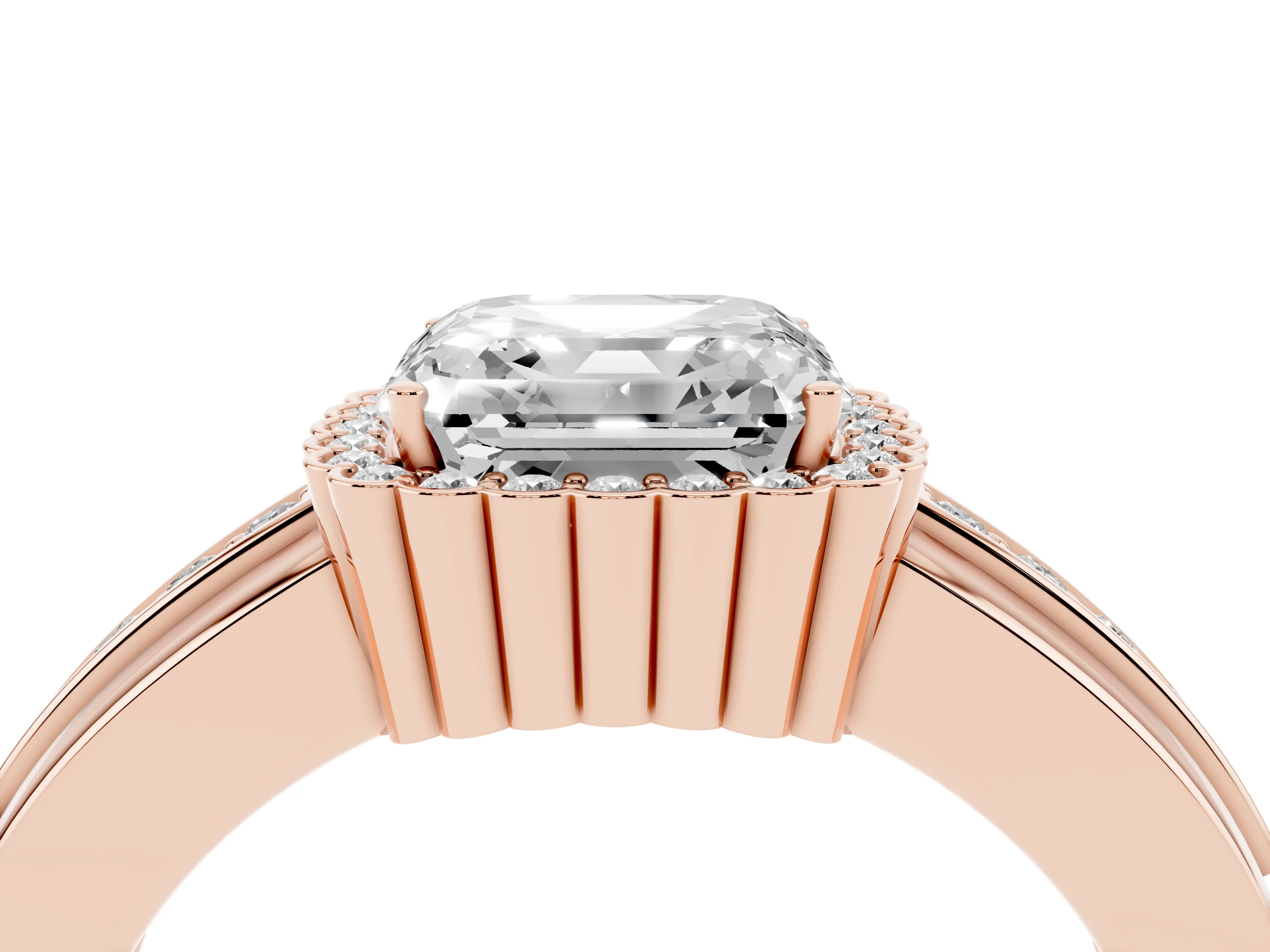 Asscher Cut Diamond Halo Prong Ring Set in Rose gold with Pavé Band