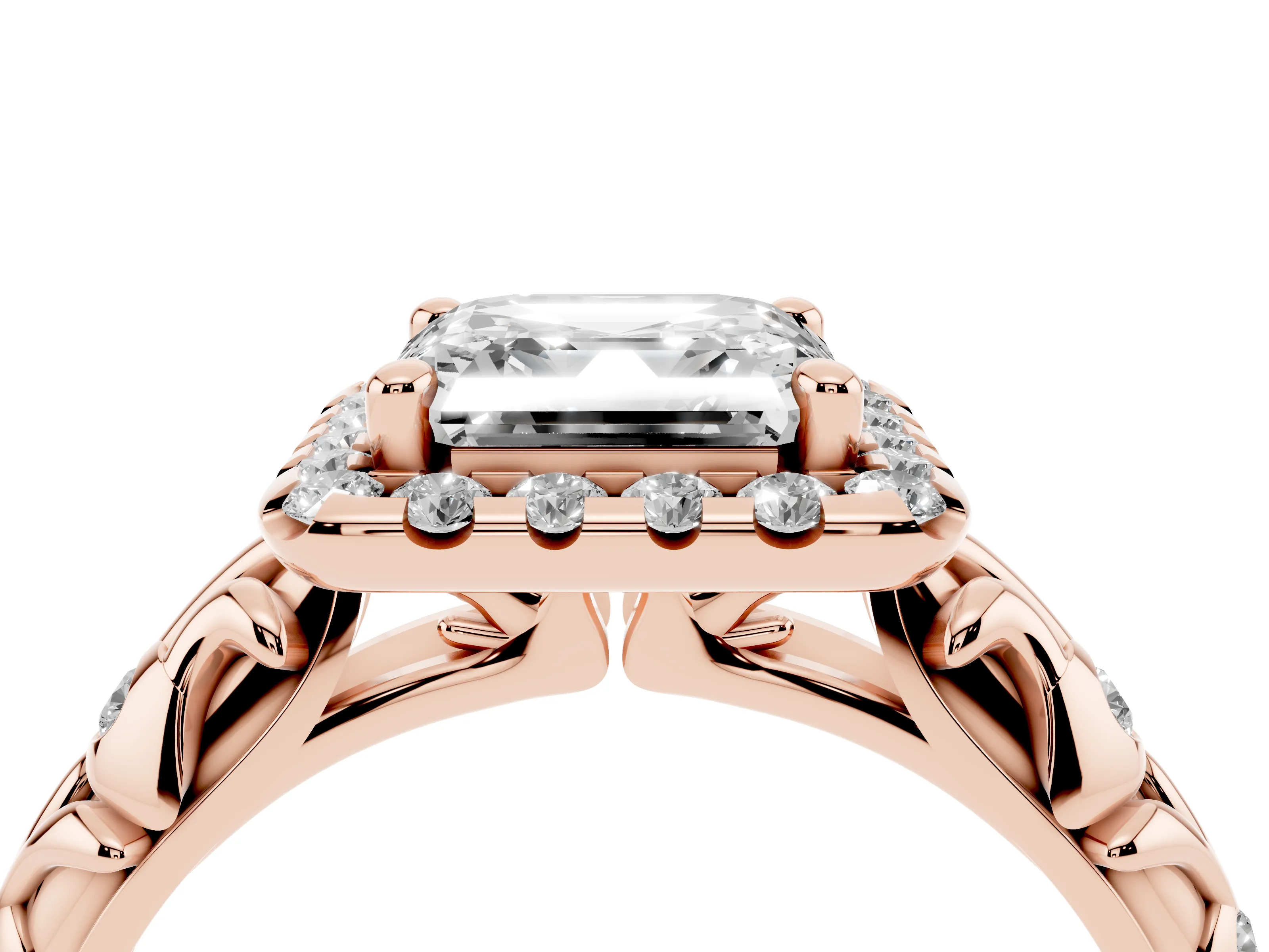 Asscher Cut Diamond Halo Ring Set in Rose gold with Filigree Leaf Band and Prong Setting