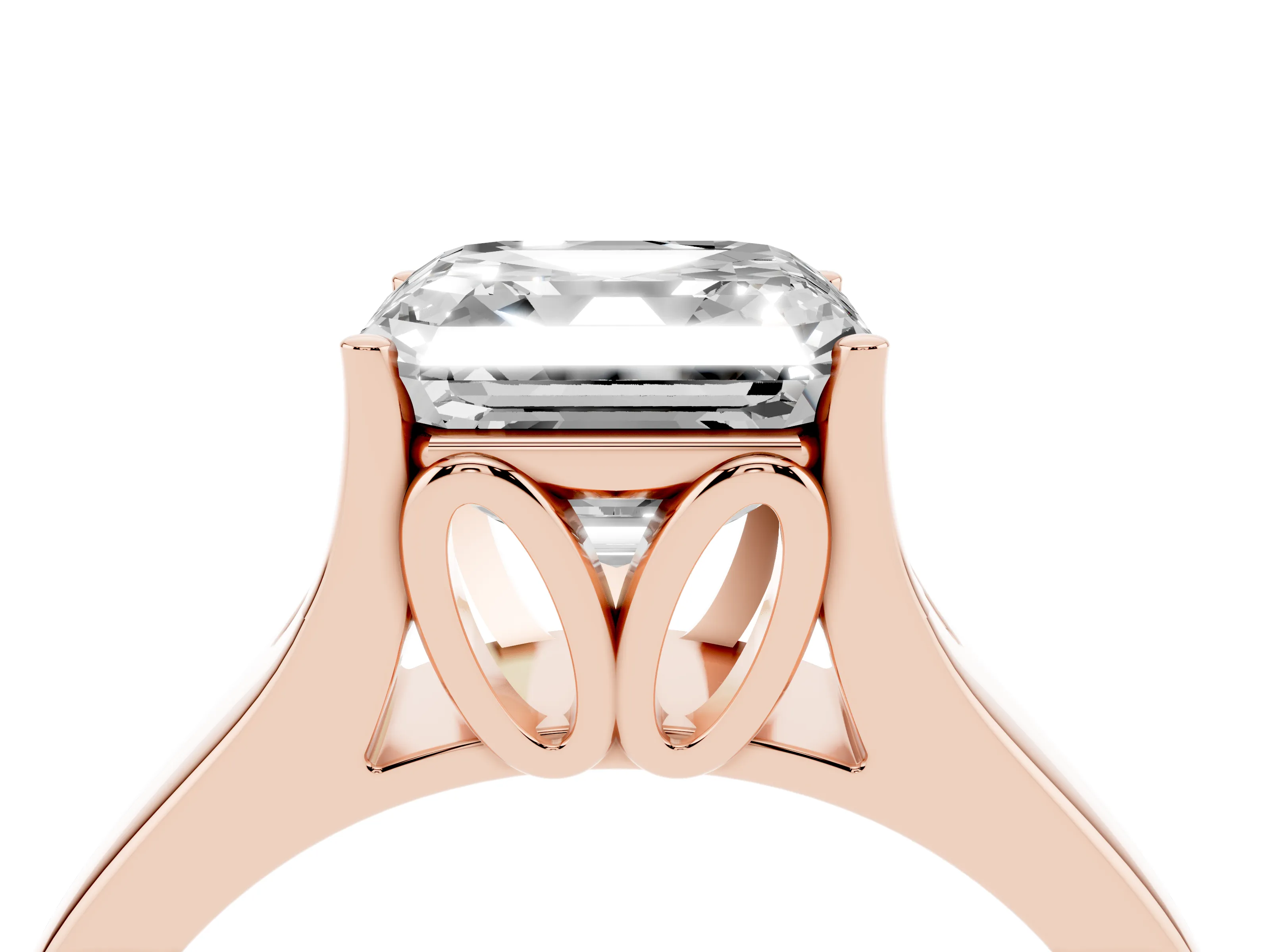 Asscher Cut Diamond Solitaire Ring Set in Rose gold with Arched Cathedral Band and Prong Setting