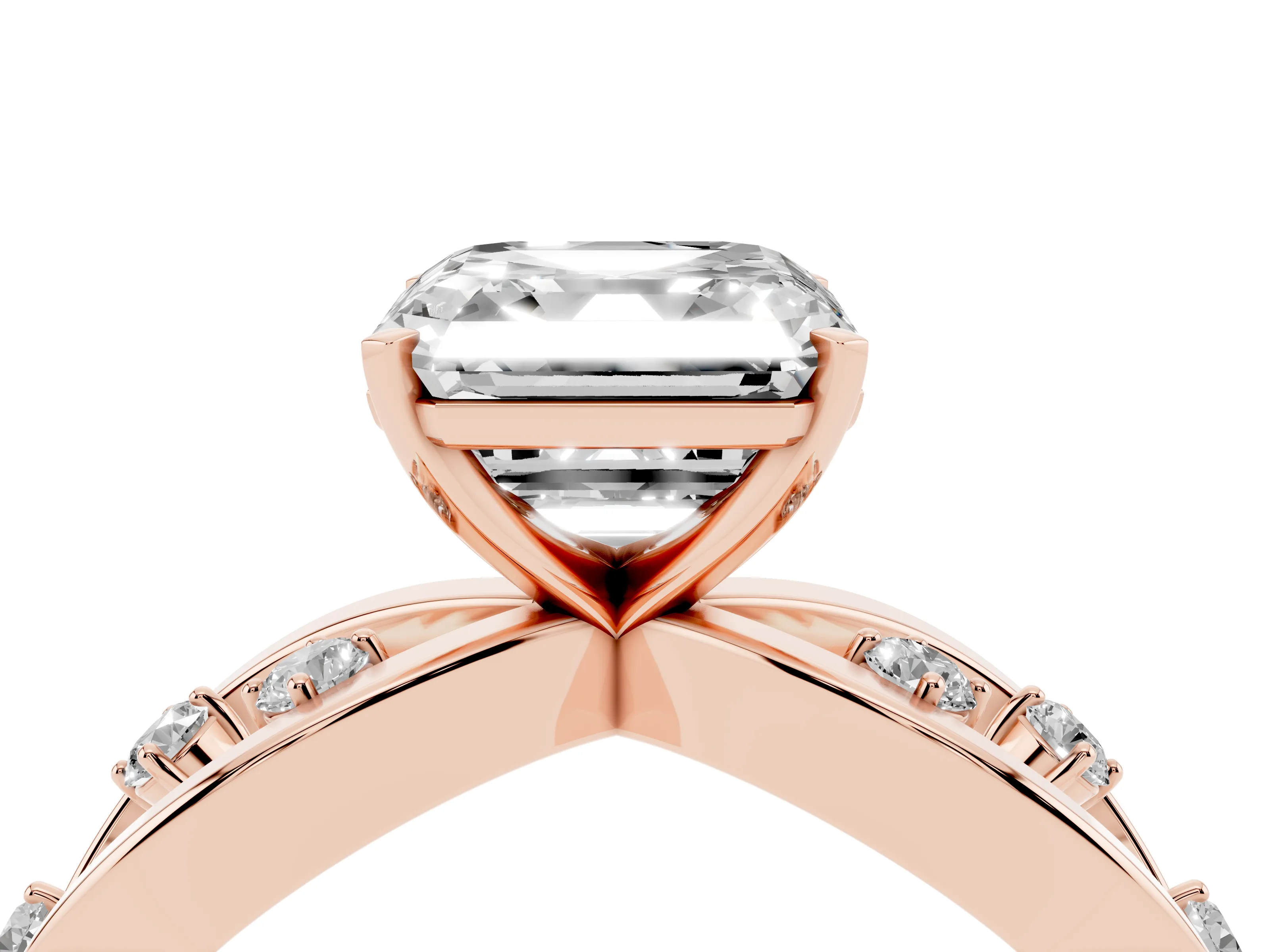 Asscher Cut Diamond Solitaire Ring Set in Rose gold with Side Stones on Criss-Cross Band and Prong Setting