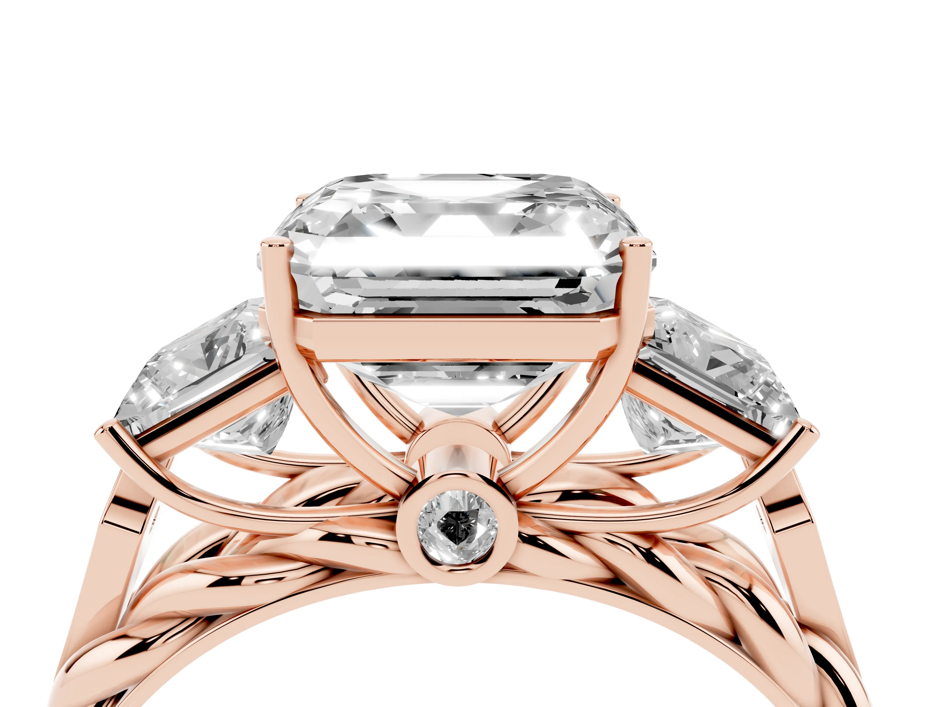 Asscher Cut Diamond Three-Stone Ring Set in Rose gold with Braided Band