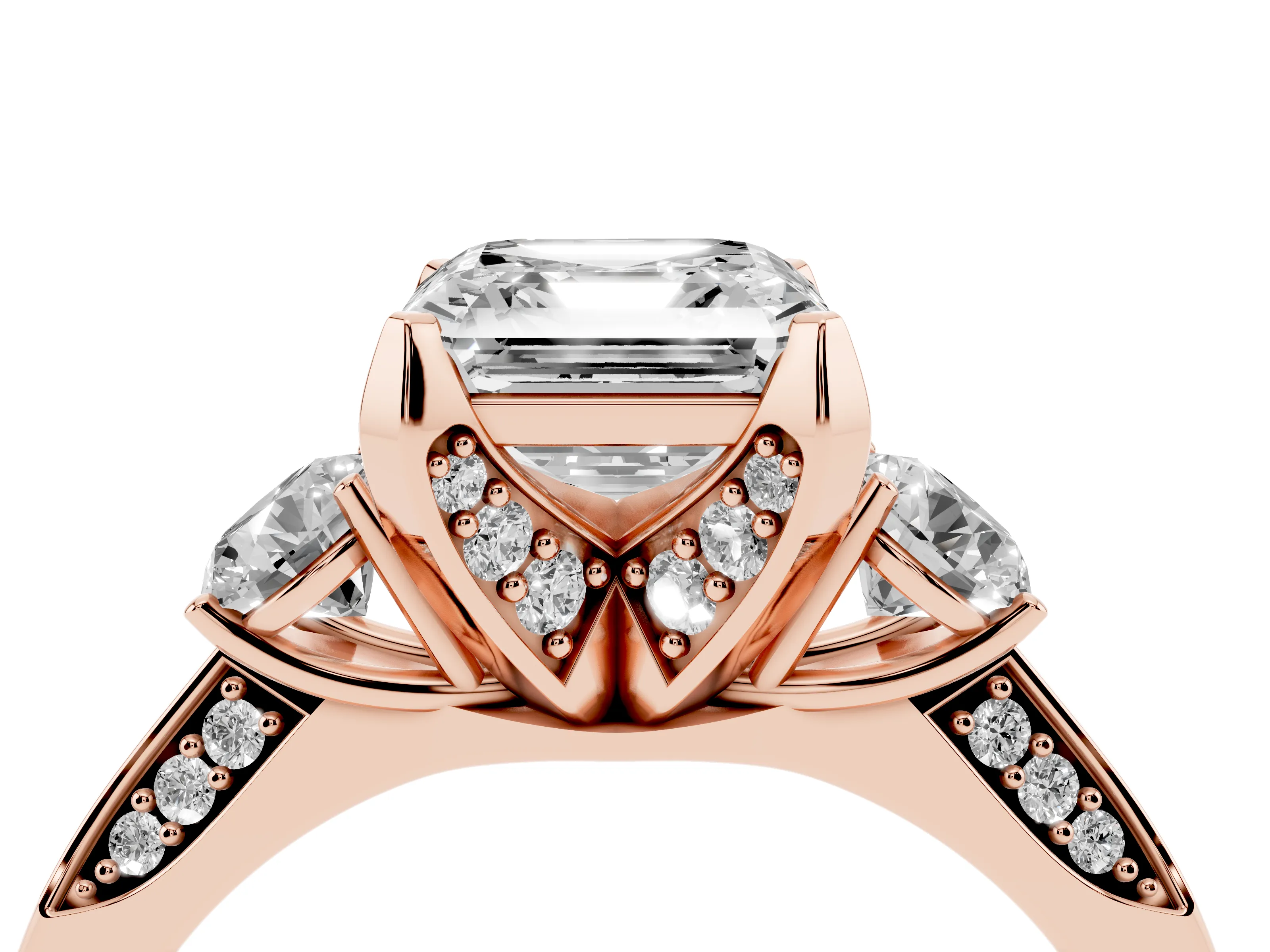 Asscher Cut Diamond Three-Stone Ring Set in Rose gold with Pavé Band and Smaller Side Stones