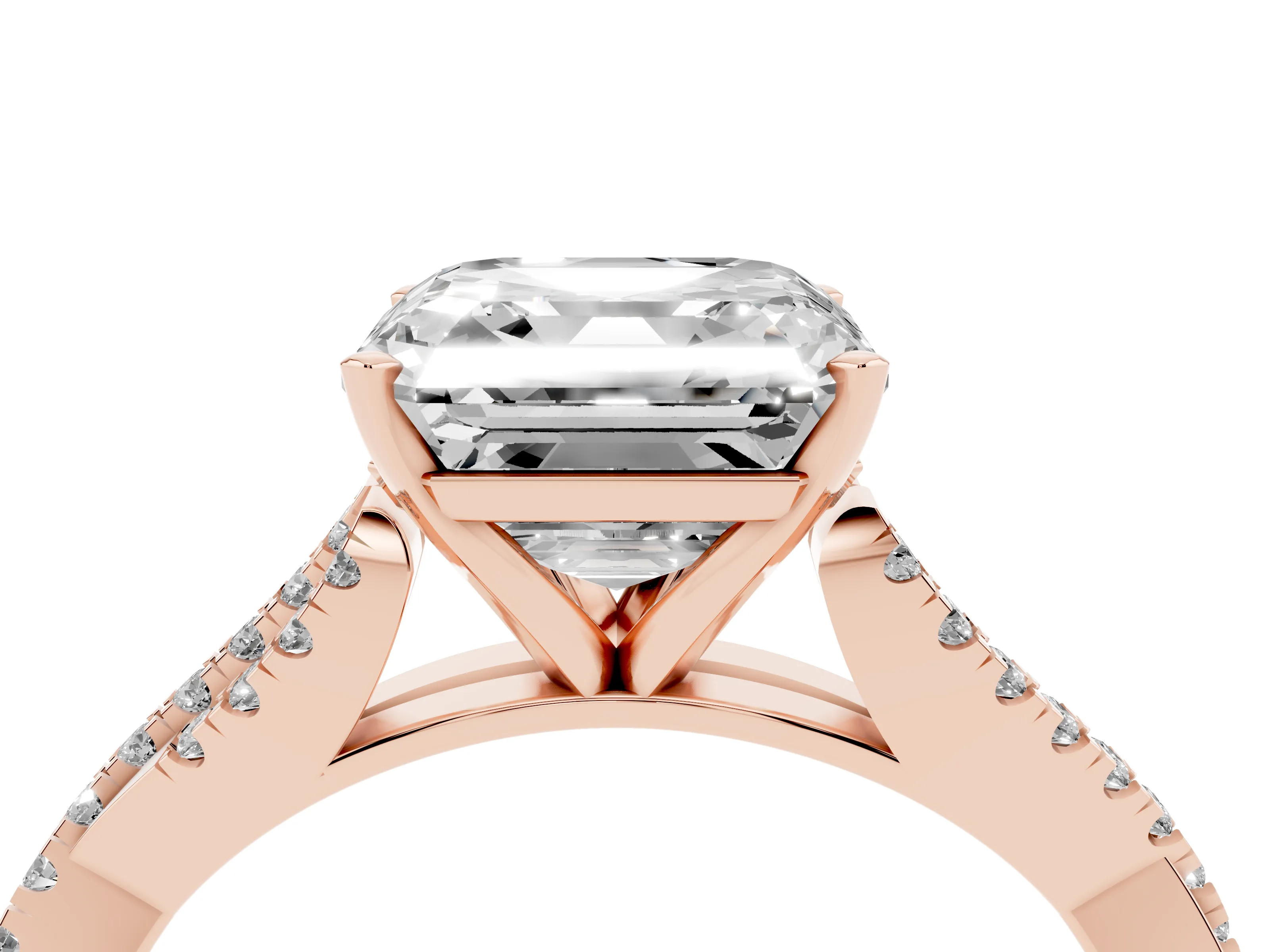 Asscher Cut Diamond Solitaire Engagement Ring Set in Rose gold with Twisted Pavé Band and Prong Setting
