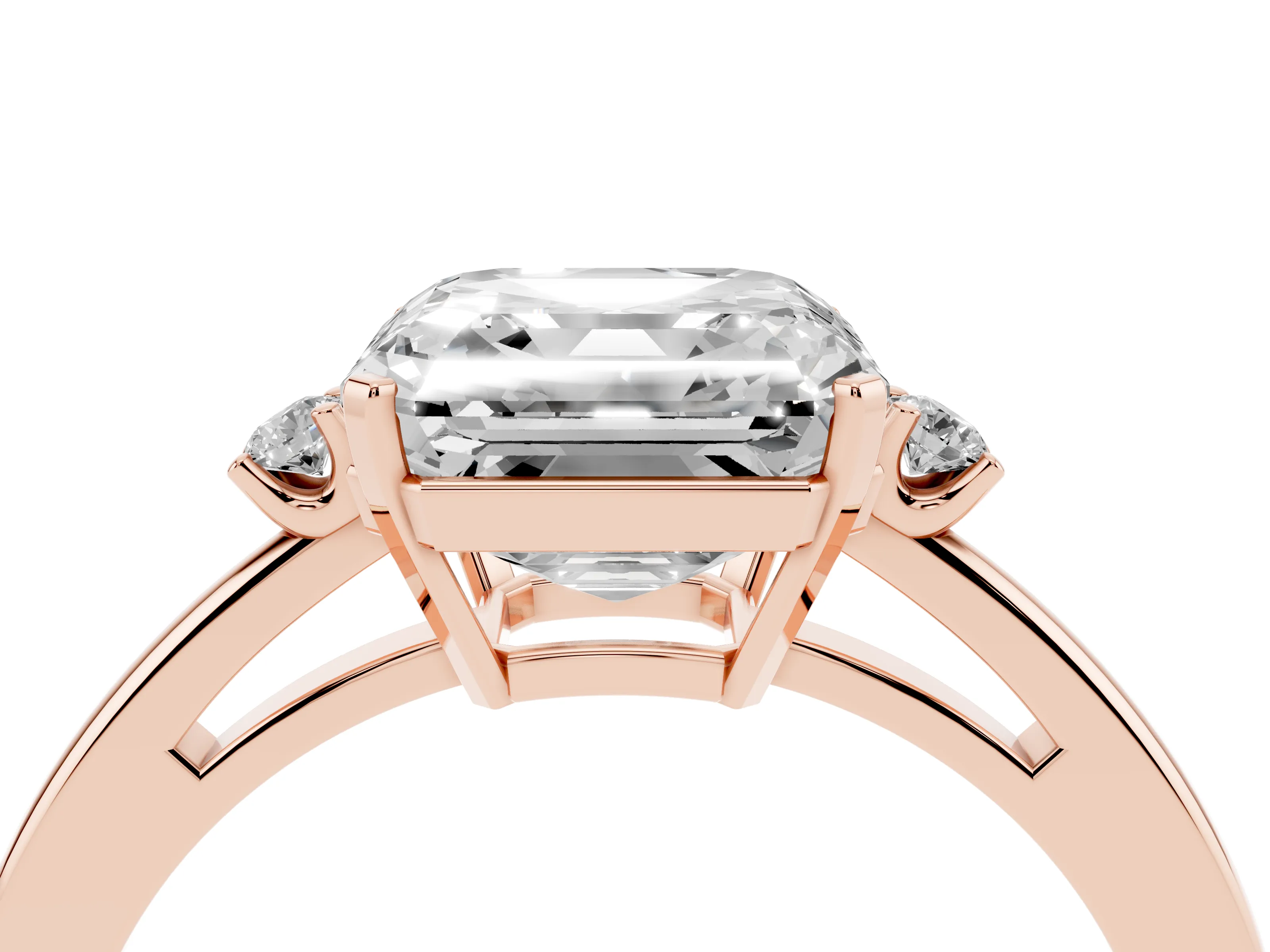 Three-Stone Asscher Cut Diamond Solitaire Ring Set in Rose gold with Round Accent Stones and Prong Setting