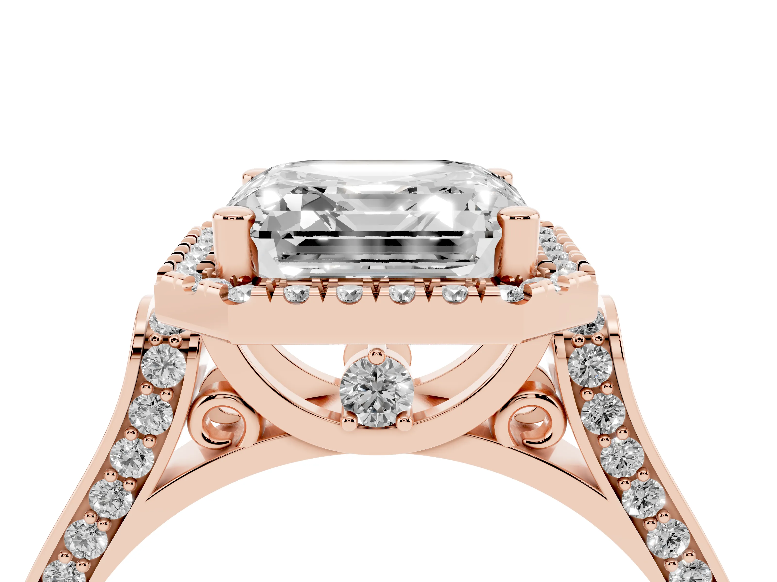Asscher Cut Diamond Halo Ring Set in Rose gold with Pavé-Lined Split Shank Band
