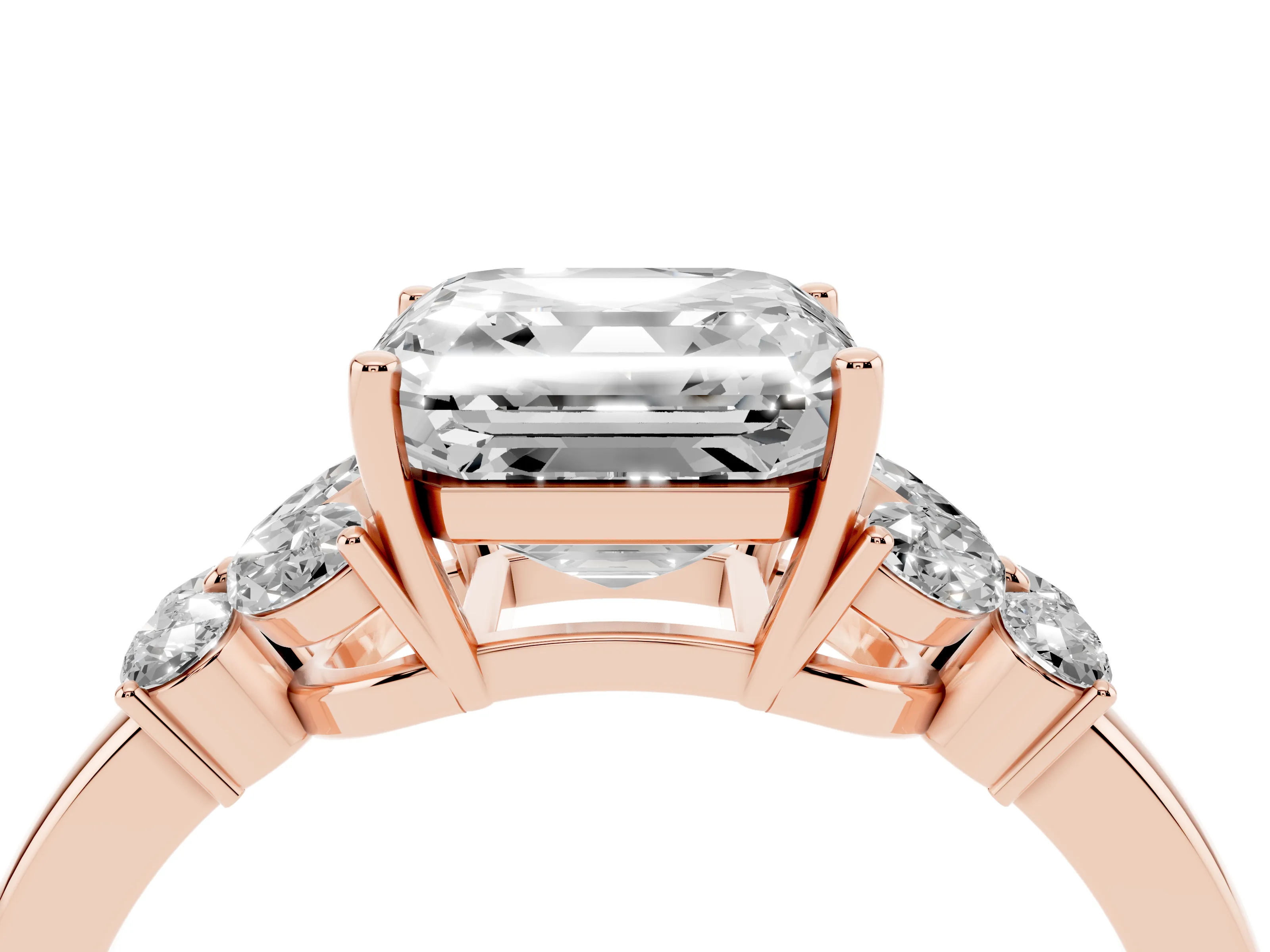 Asscher Cut Diamond Solitaire Floral Ring Set in Rose gold with Marquise Petals and Prong Setting