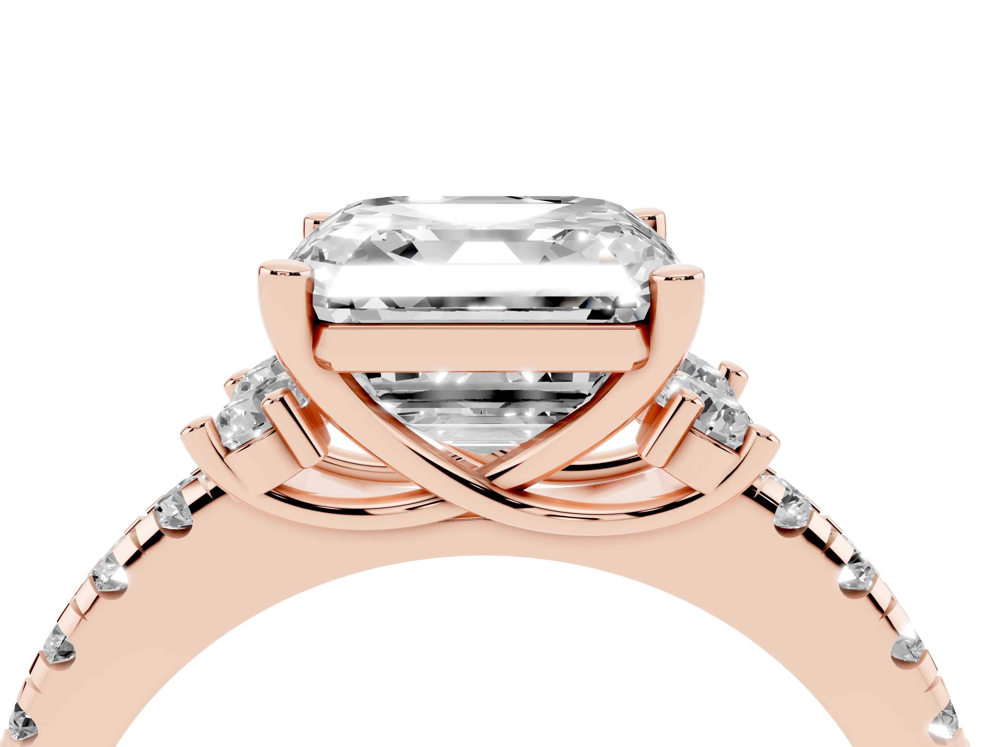 Asscher Cut Diamond Three-Stone Pavé Ring Set in Rose gold with Prong Setting