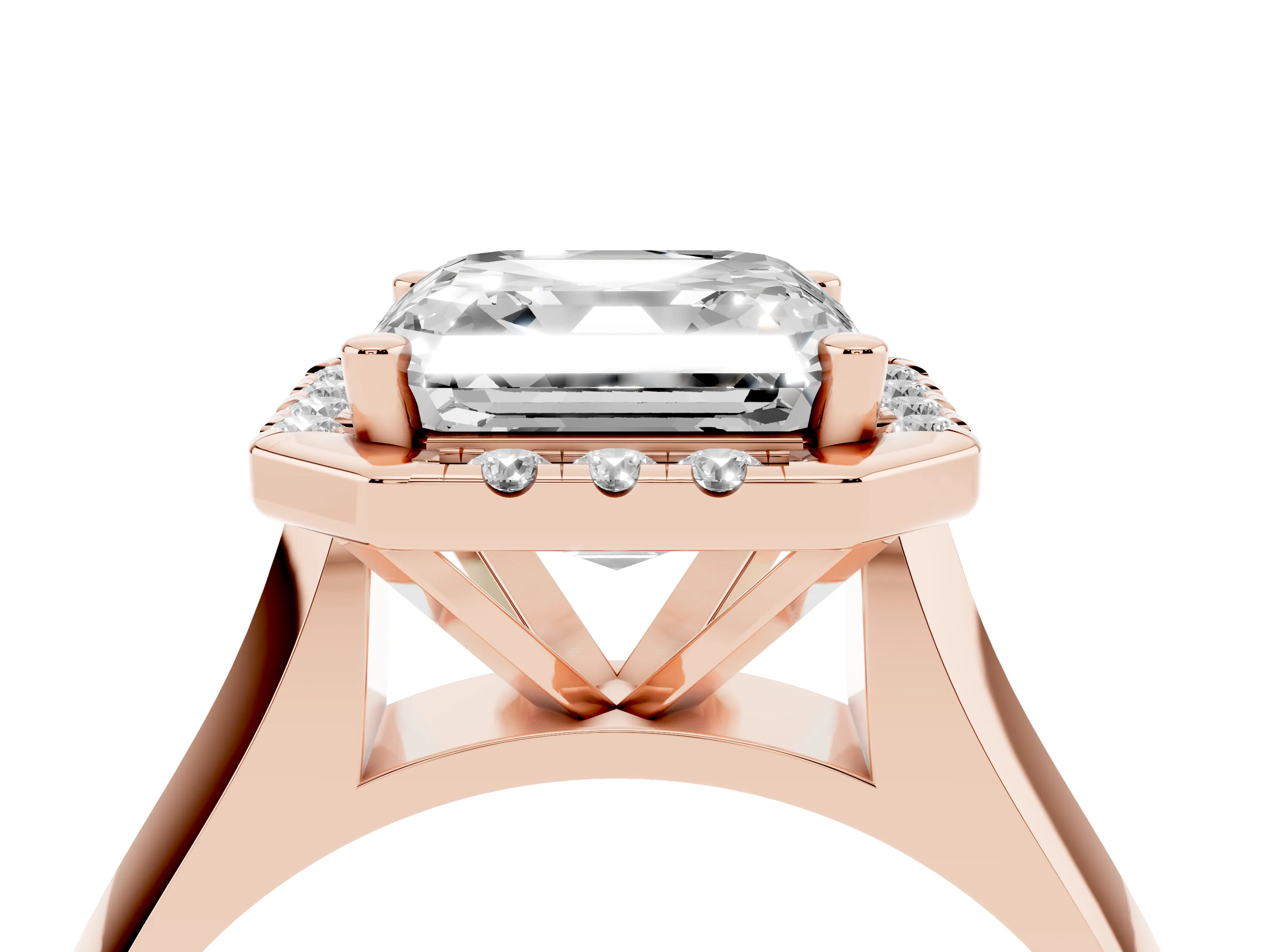 Asscher Cut Diamond Halo Solitaire Engagement Ring Set in Rose gold with Square Band and Prong Setting