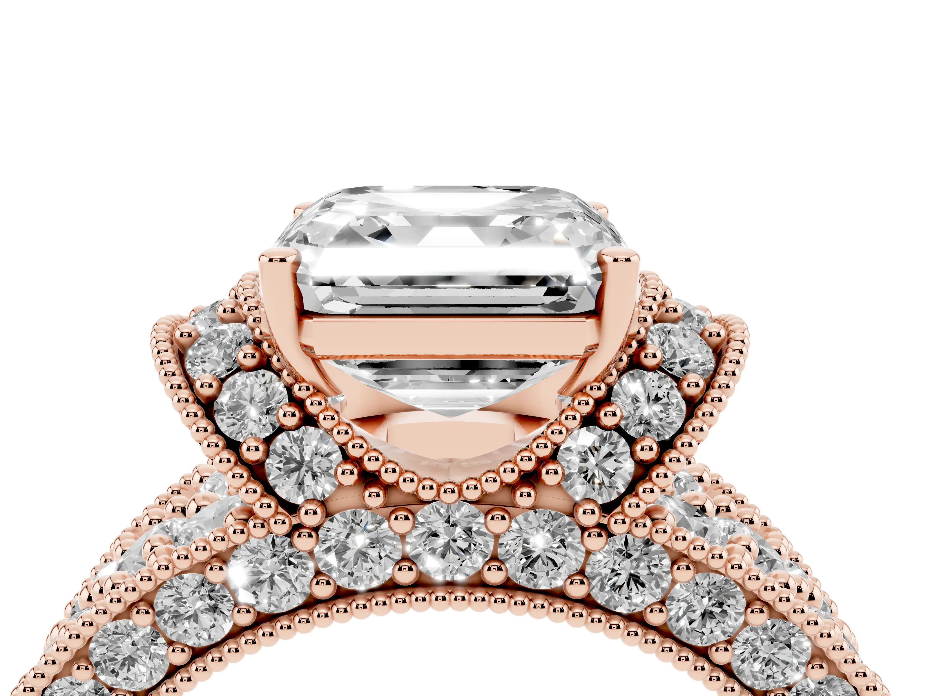 Asscher Cut Diamond Milgrain Halo Pavé Engagement Ring Set in Rose gold with Prong Setting