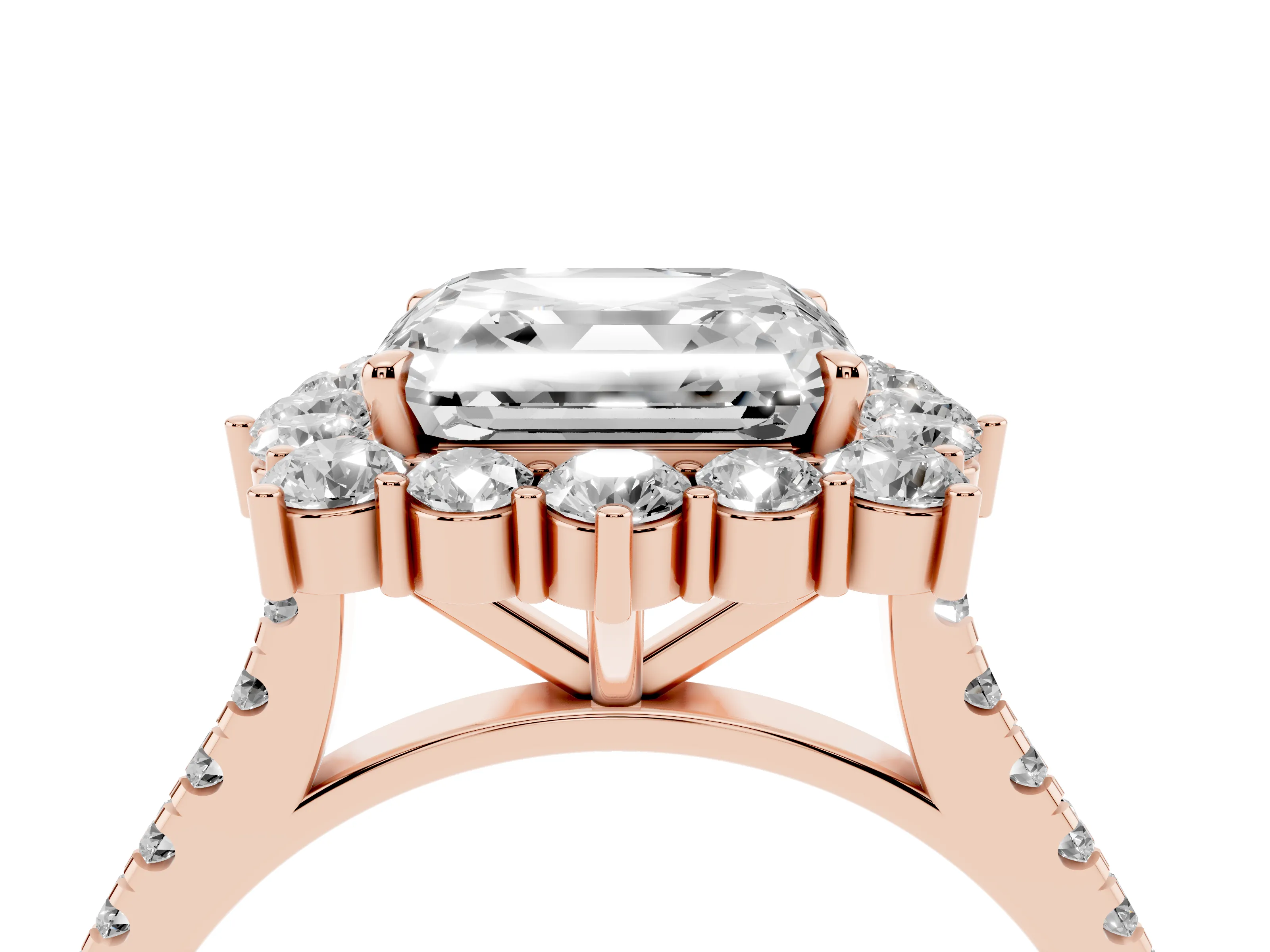 Asscher Cut Diamond Halo Ring Set in Rose gold with Pavé Band and Prong Setting