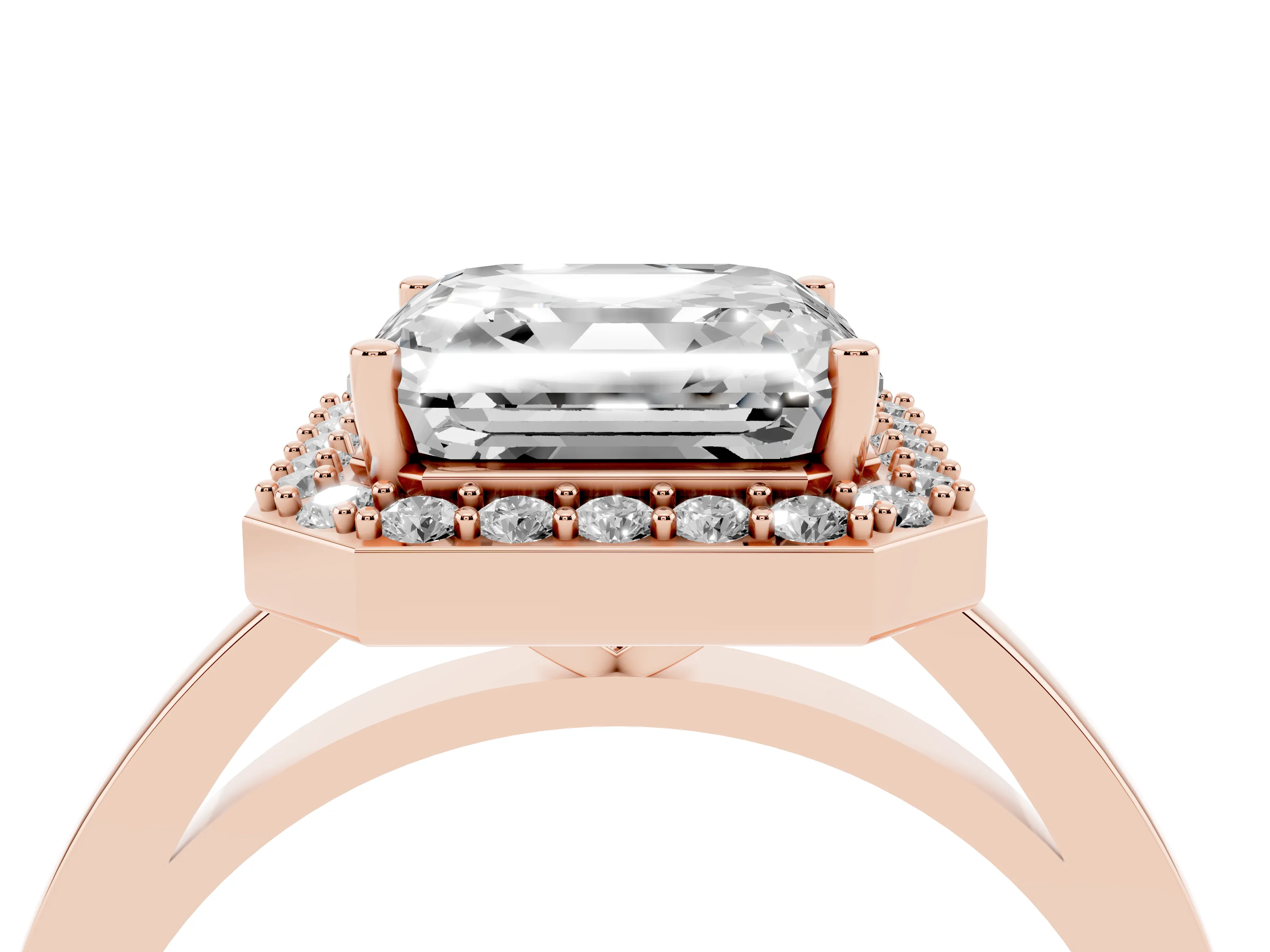 Asscher Cut Diamond Halo Ring Set in Rose gold with Solitaire Band and Prong Setting