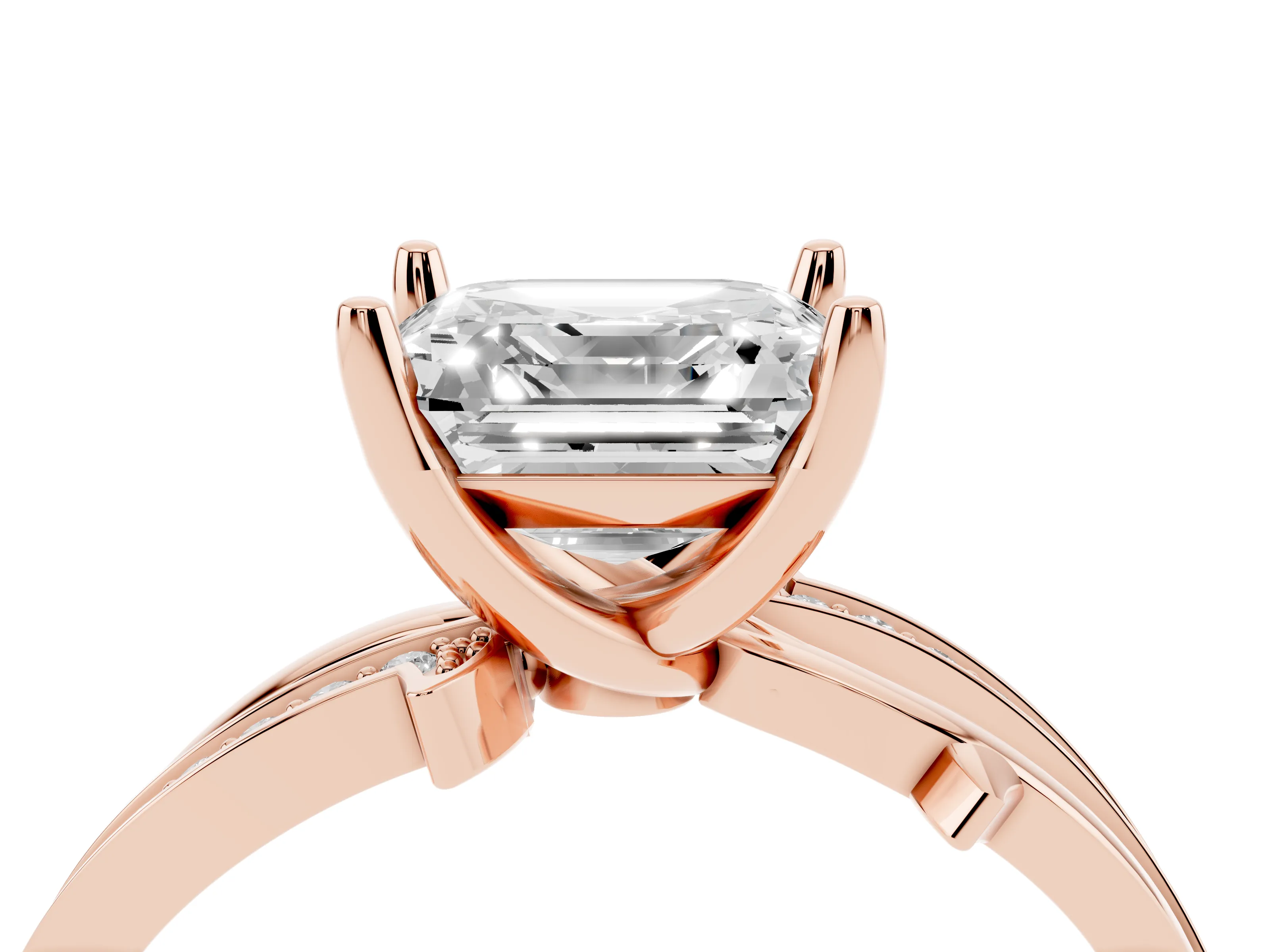 Asscher Cut Diamond Pavé Twist Band Solitaire Ring Set in Rose gold with Prong Setting