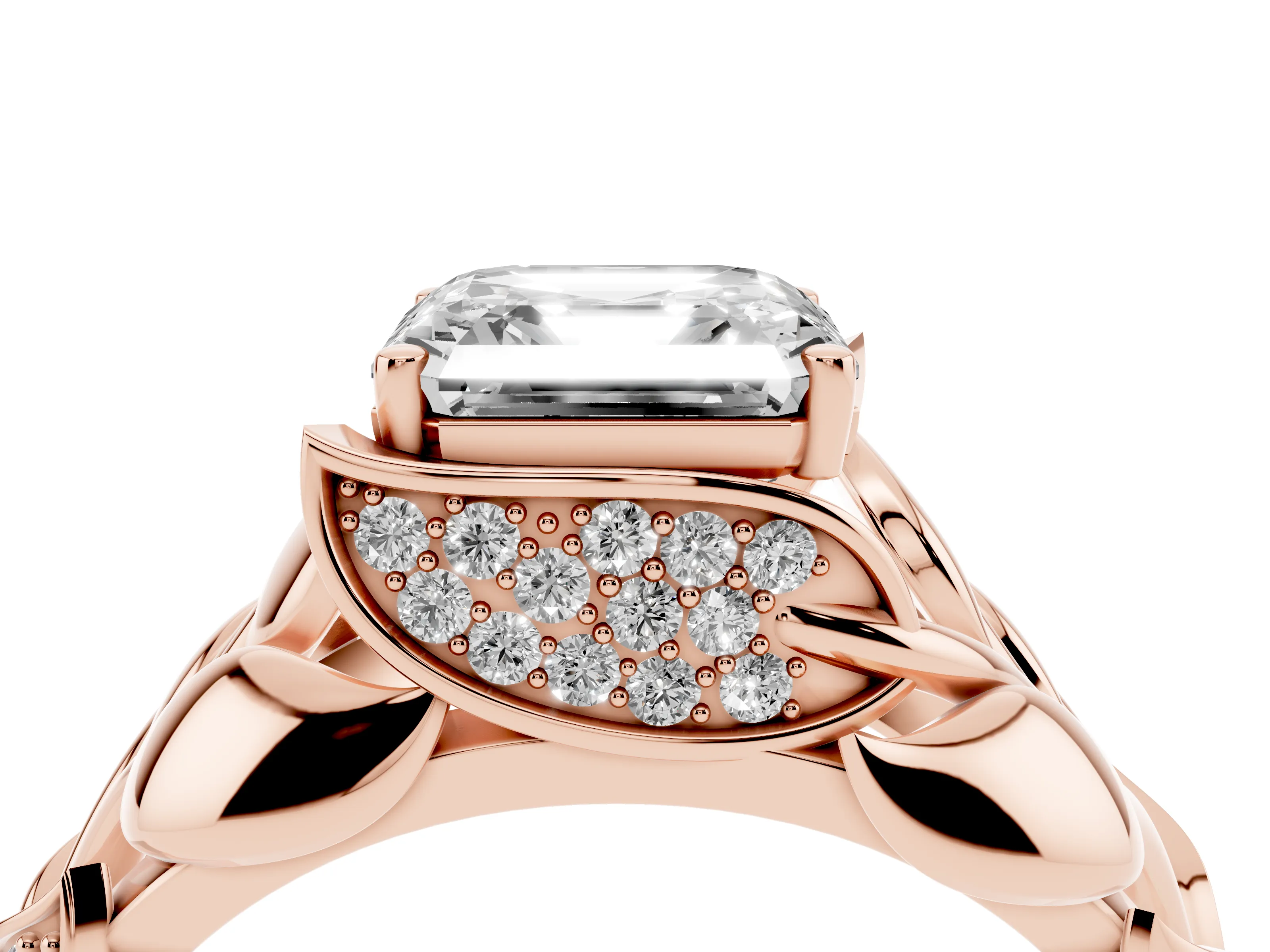 Asscher Cut Diamond Leaf-Inspired Engagement Ring Set in Rose gold with Round Accents