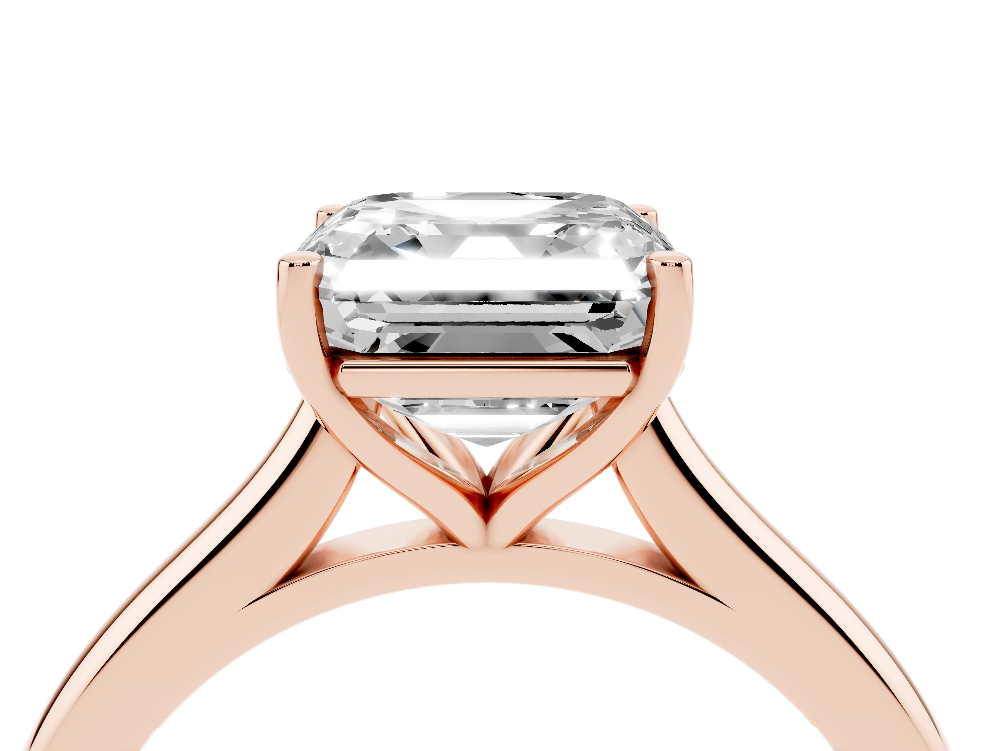 Asscher Cut Diamond Solitaire Ring Set in Rose gold with Cathedral Band and Prong Setting