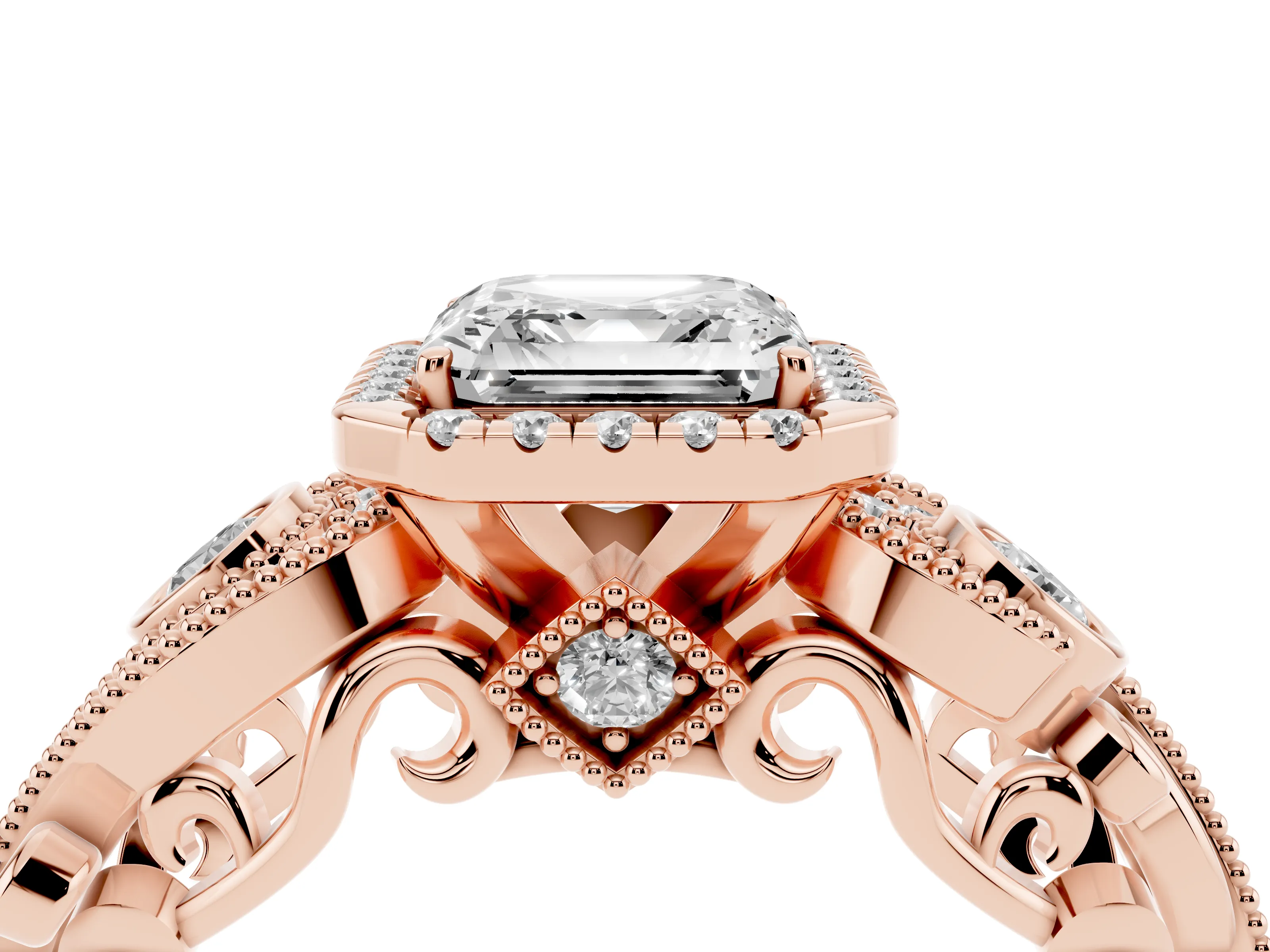 Asscher Cut Diamond Halo Ring Set in Rose gold with Milgrain Pavé Band and Prong Setting