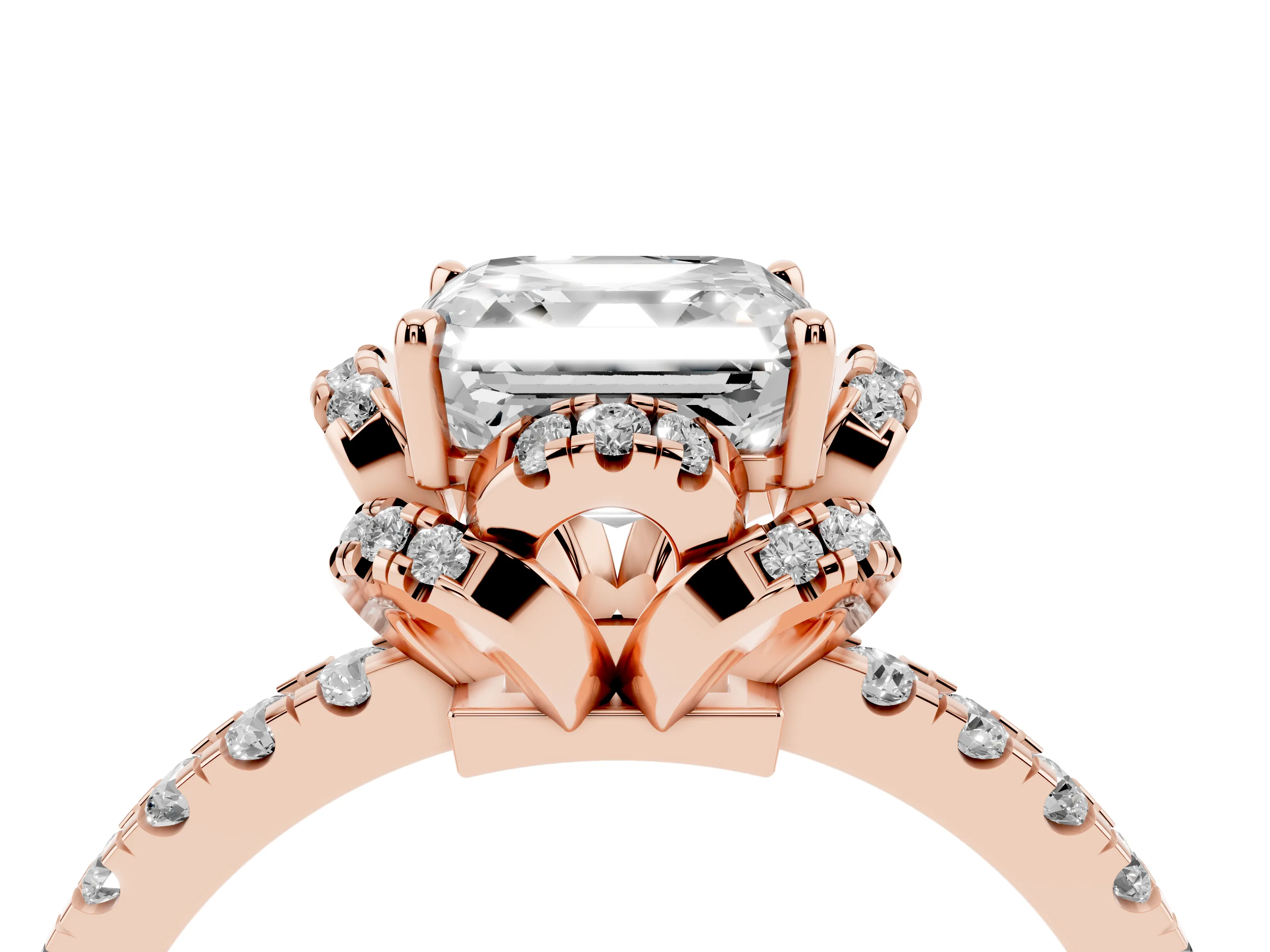 Asscher Cut Diamond Halo Pavé Band Ring Set in Rose gold with Prong-Held Center