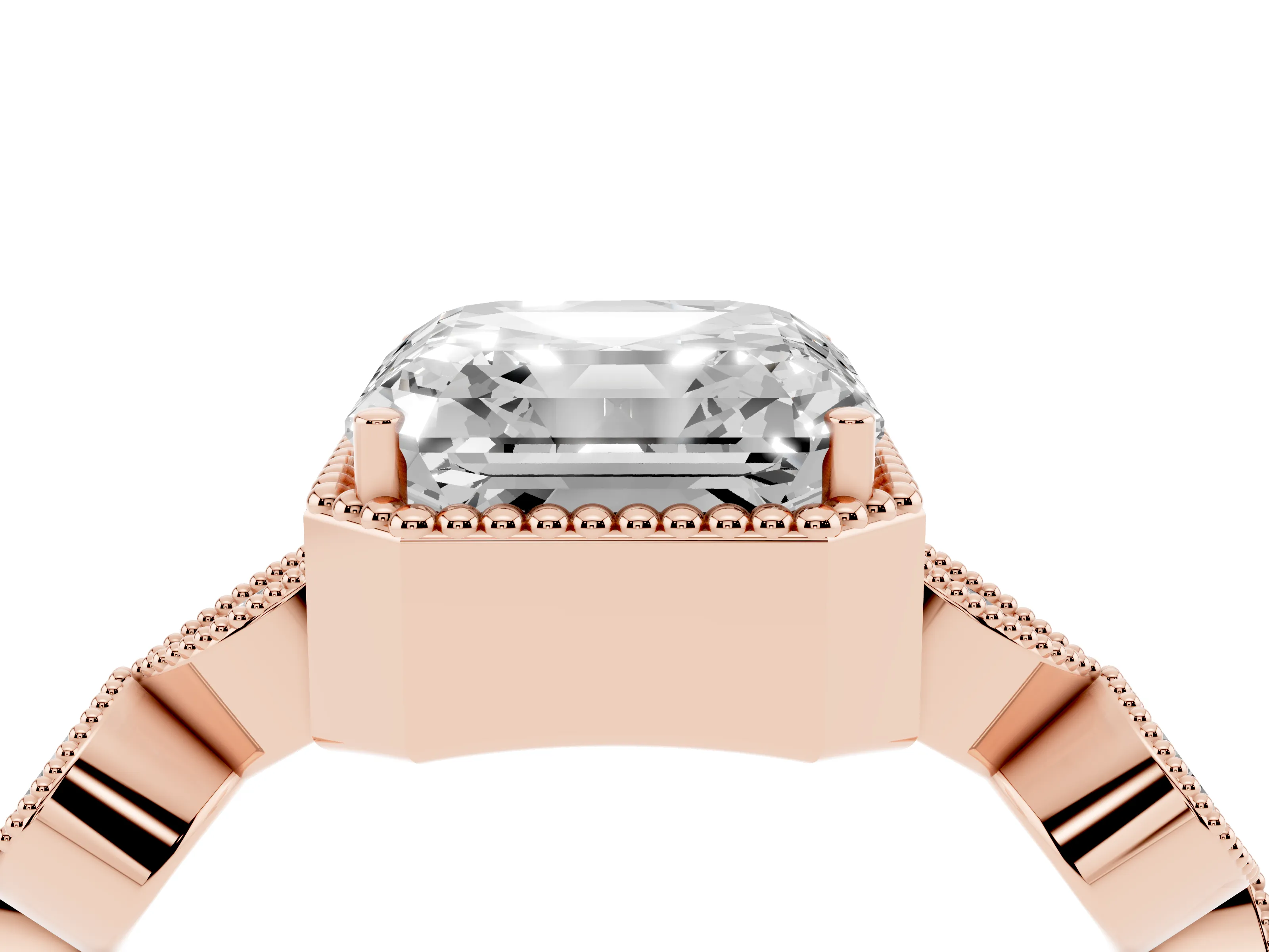 Asscher Cut Diamond Vintage-Inspired Milgrain Ring Set in Rose gold with Marquise Stations of Round Accents