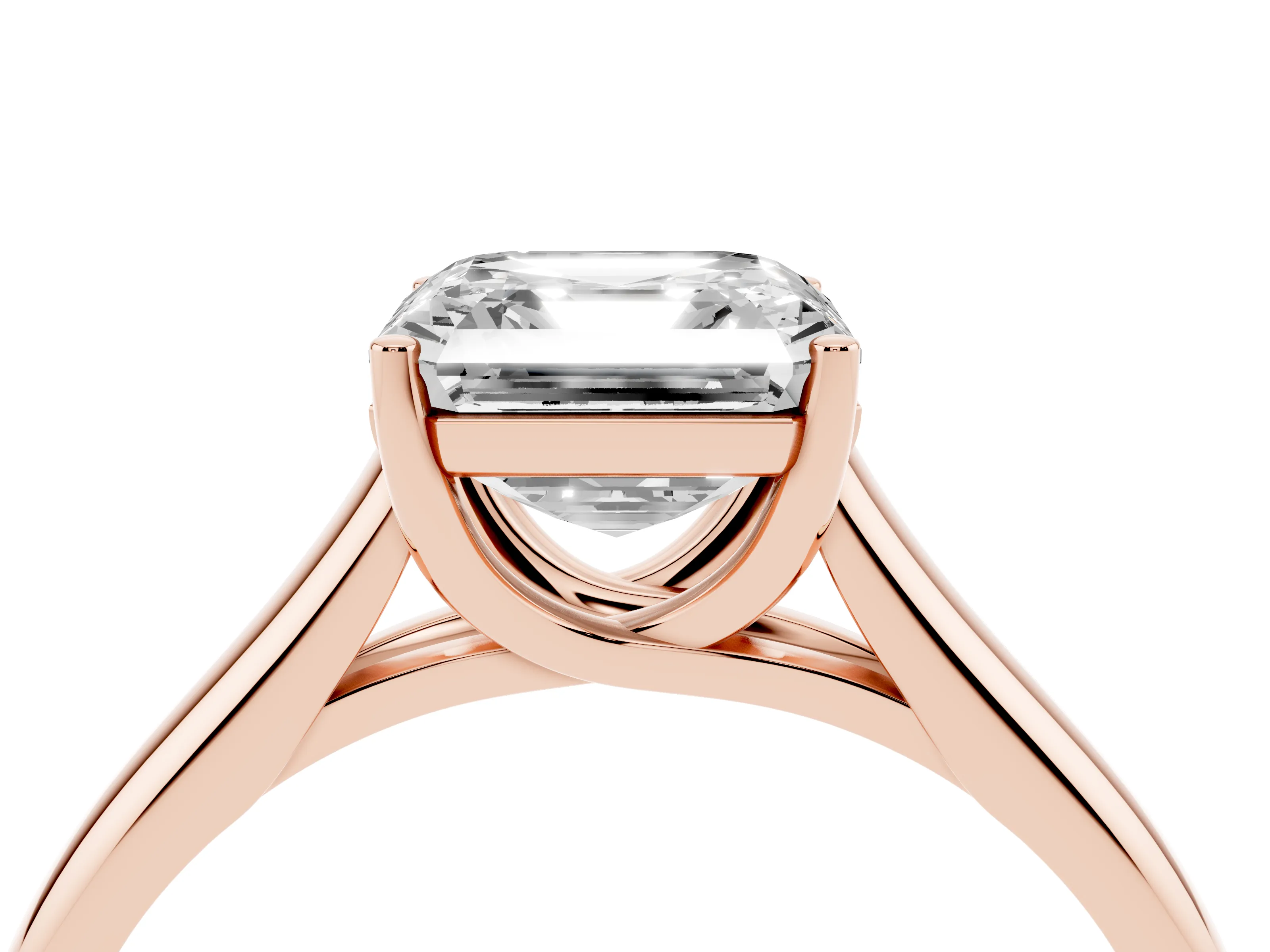 Asscher Cut Diamond Solitaire Engagement Ring Set in Rose gold with Subtly Tapered Band and Prong Setting
