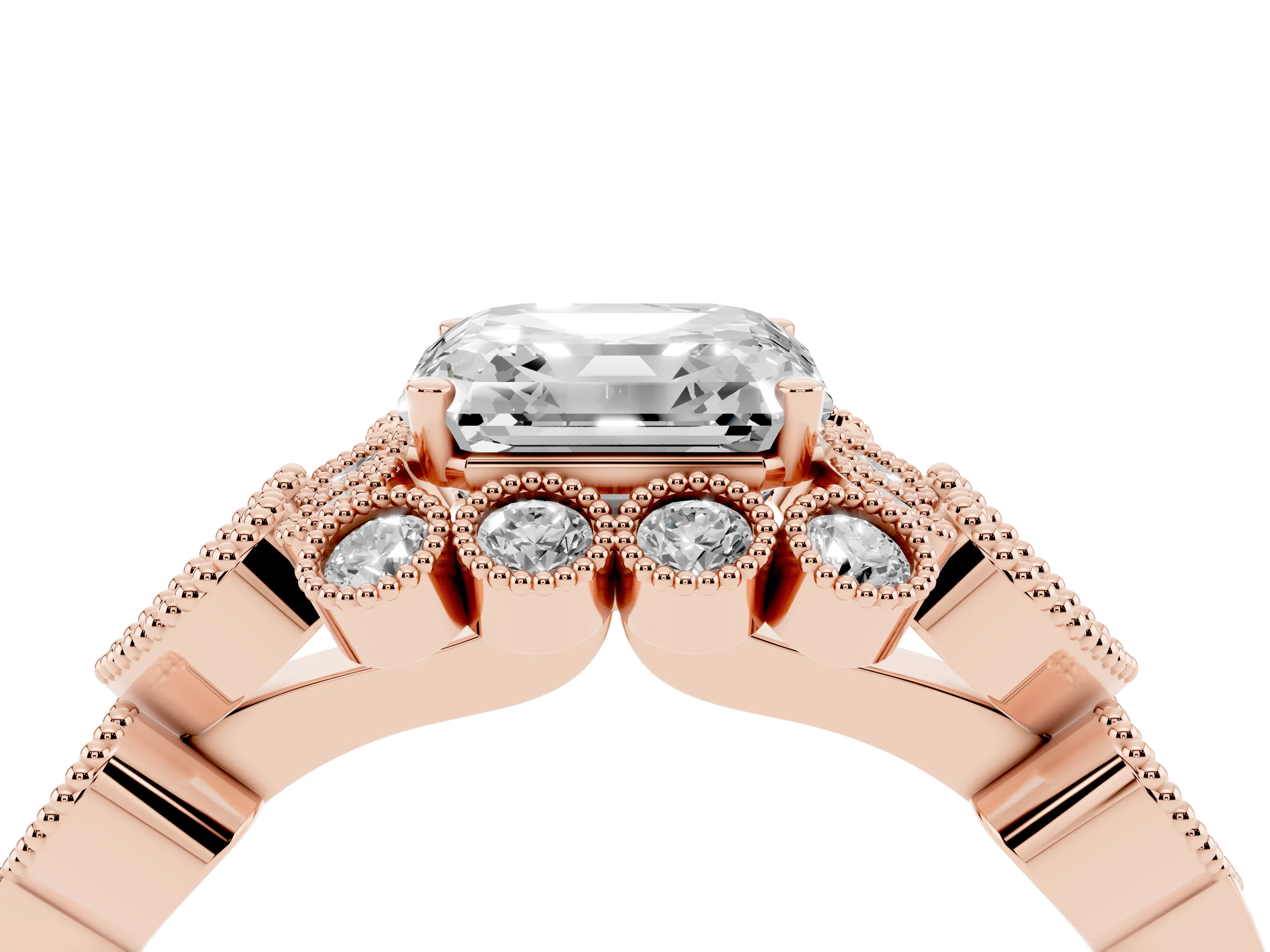 Asscher Cut Diamond Solitaire Ring Set in Rose gold with Milgrain Pavé Heart Band