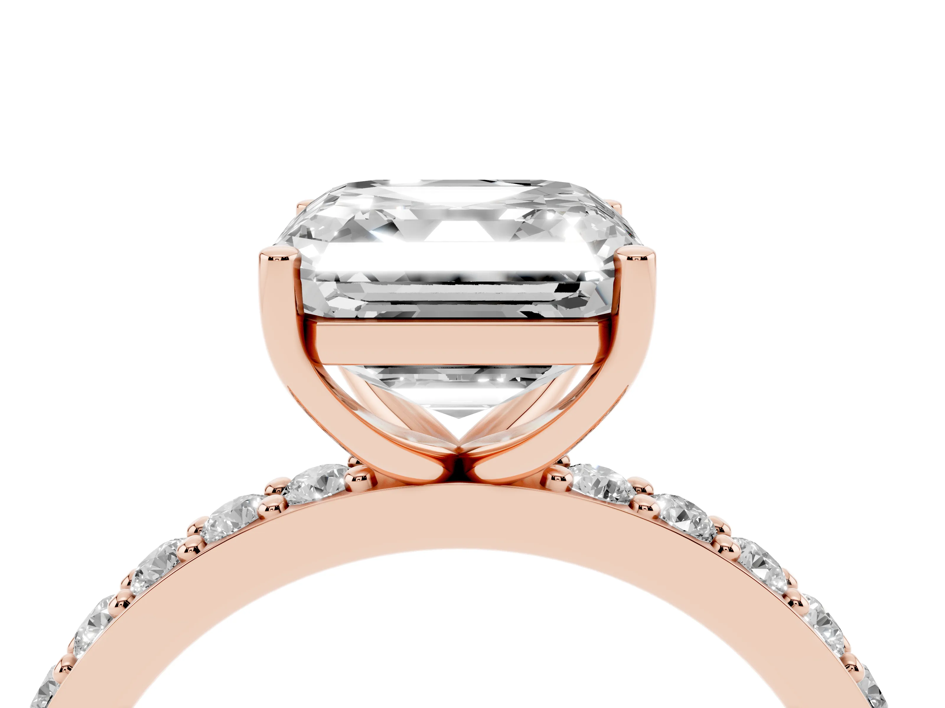 Asscher Cut Diamond Solitaire Set in Rose gold with Round Pavé Band and Prong Setting