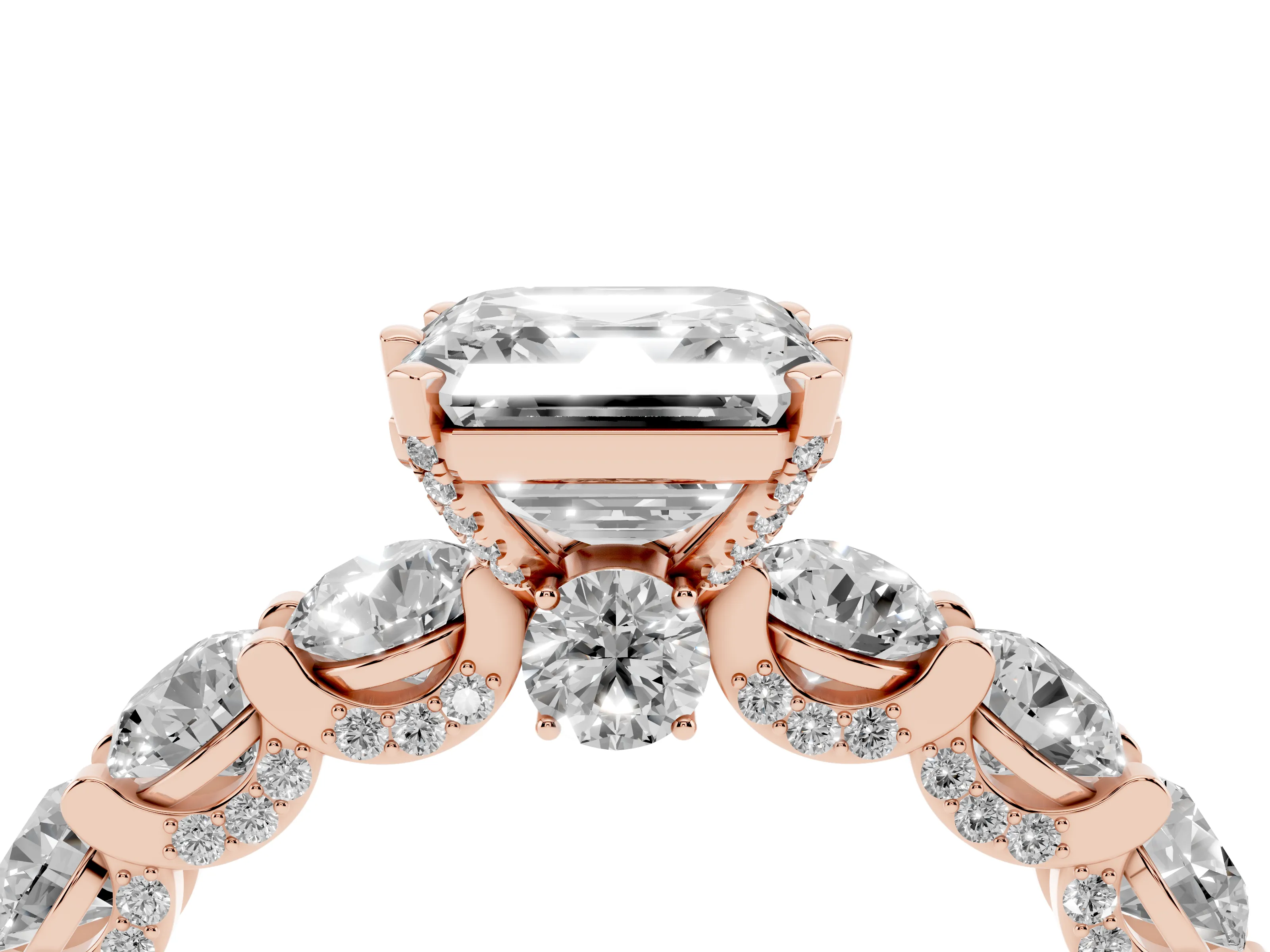 Asscher Cut Diamond Side Stone Ring Set in Rose gold with Alternating Round and Oval Side Stones
