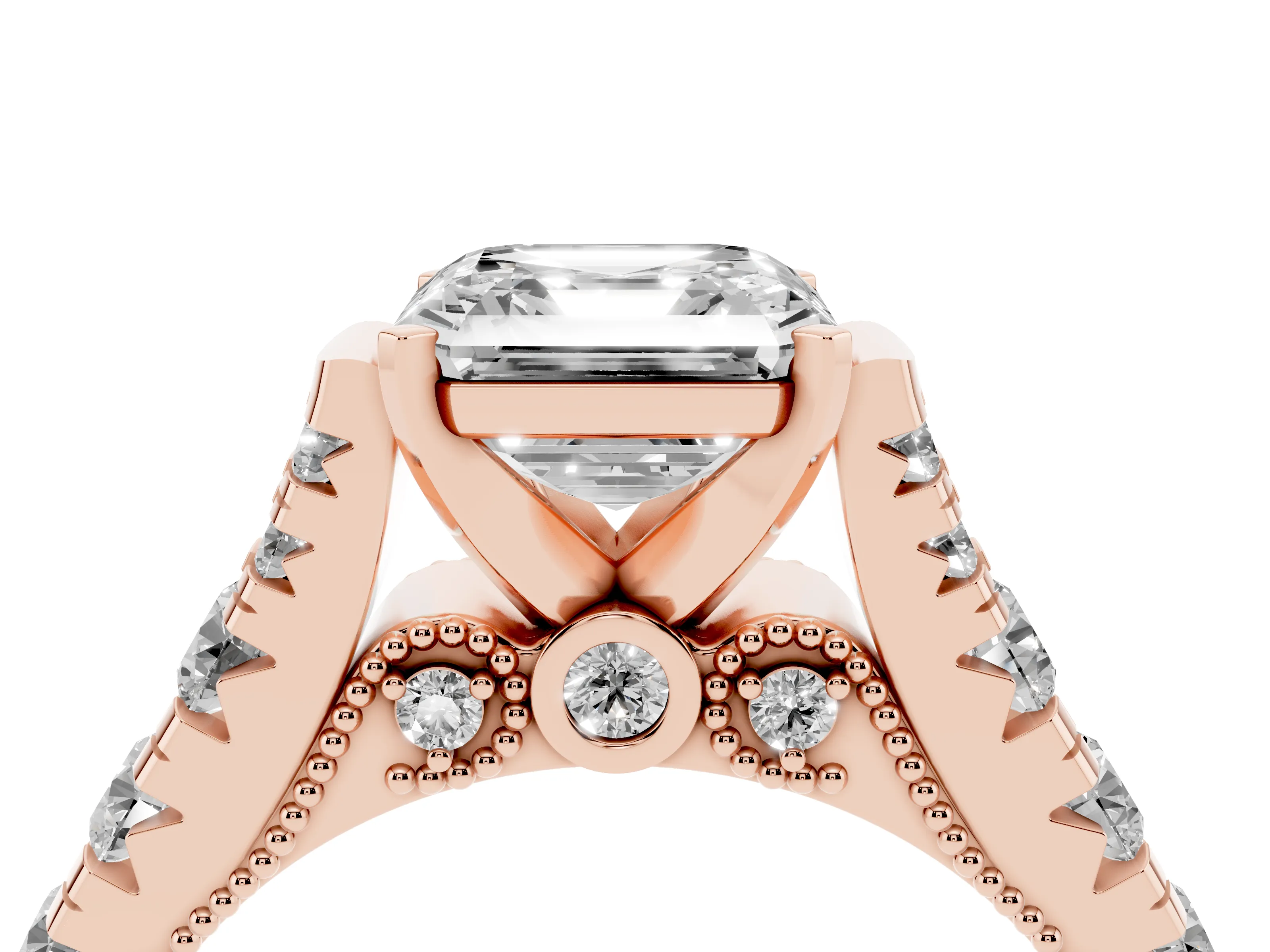Asscher Cut Diamond Classic Solitaire Ring Set in Rose gold with Pavé Band and Prong Setting