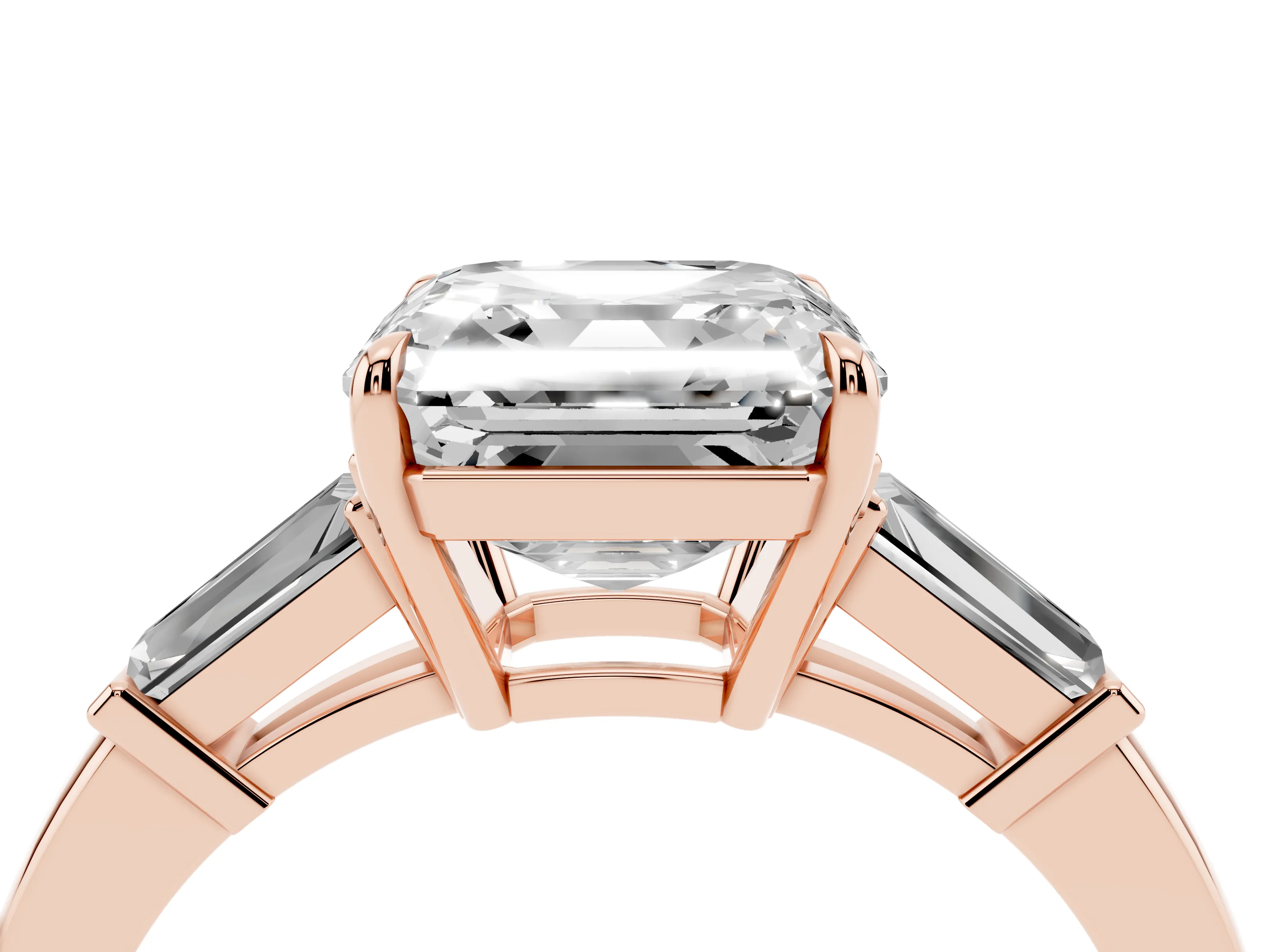 Asscher Cut Diamond Three-Stone Ring Set in Rose gold with Tapered Baguette Side Stones and Prong Setting