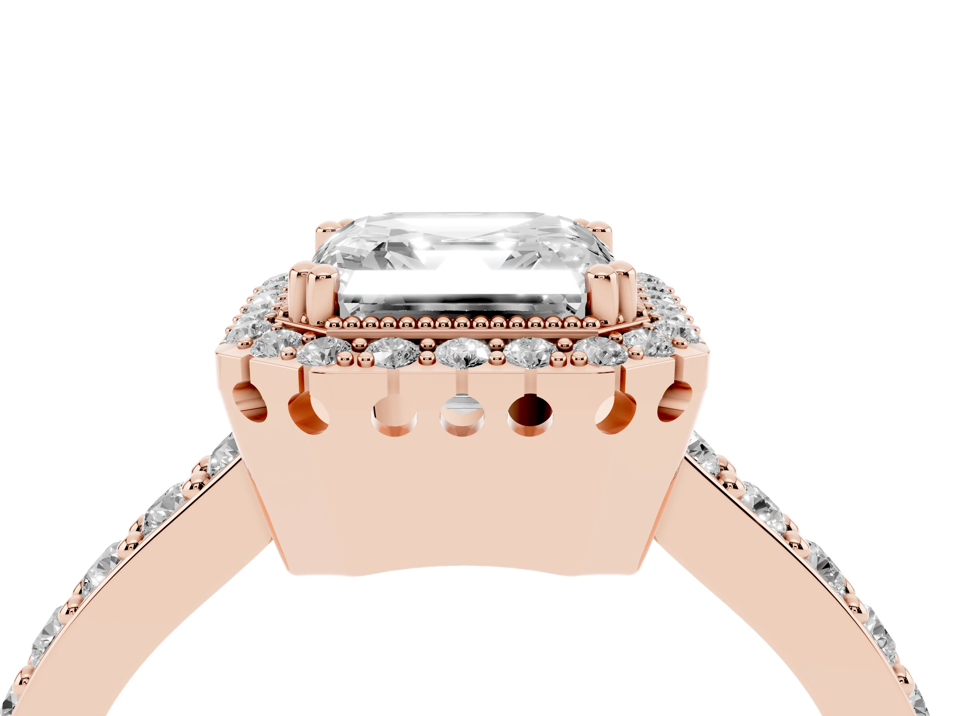 Asscher Cut Diamond Halo Engagement Ring Set in Rose gold with Milgrain Detail and Pavé Band