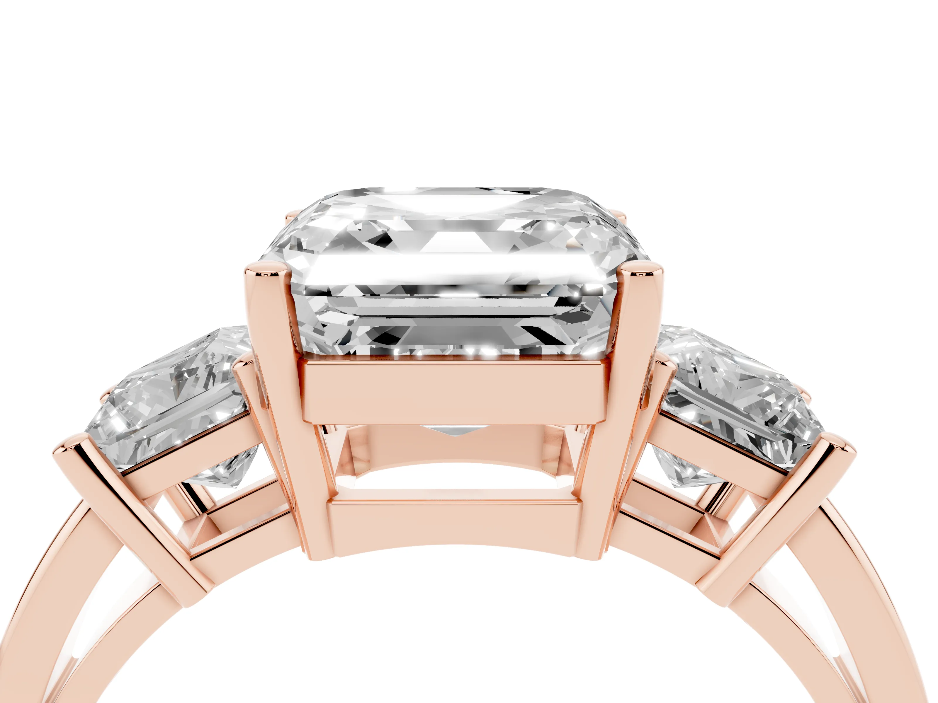 Three-Stone Asscher Cut Diamond Solitaire Ring Set in Rose gold with Prong Setting