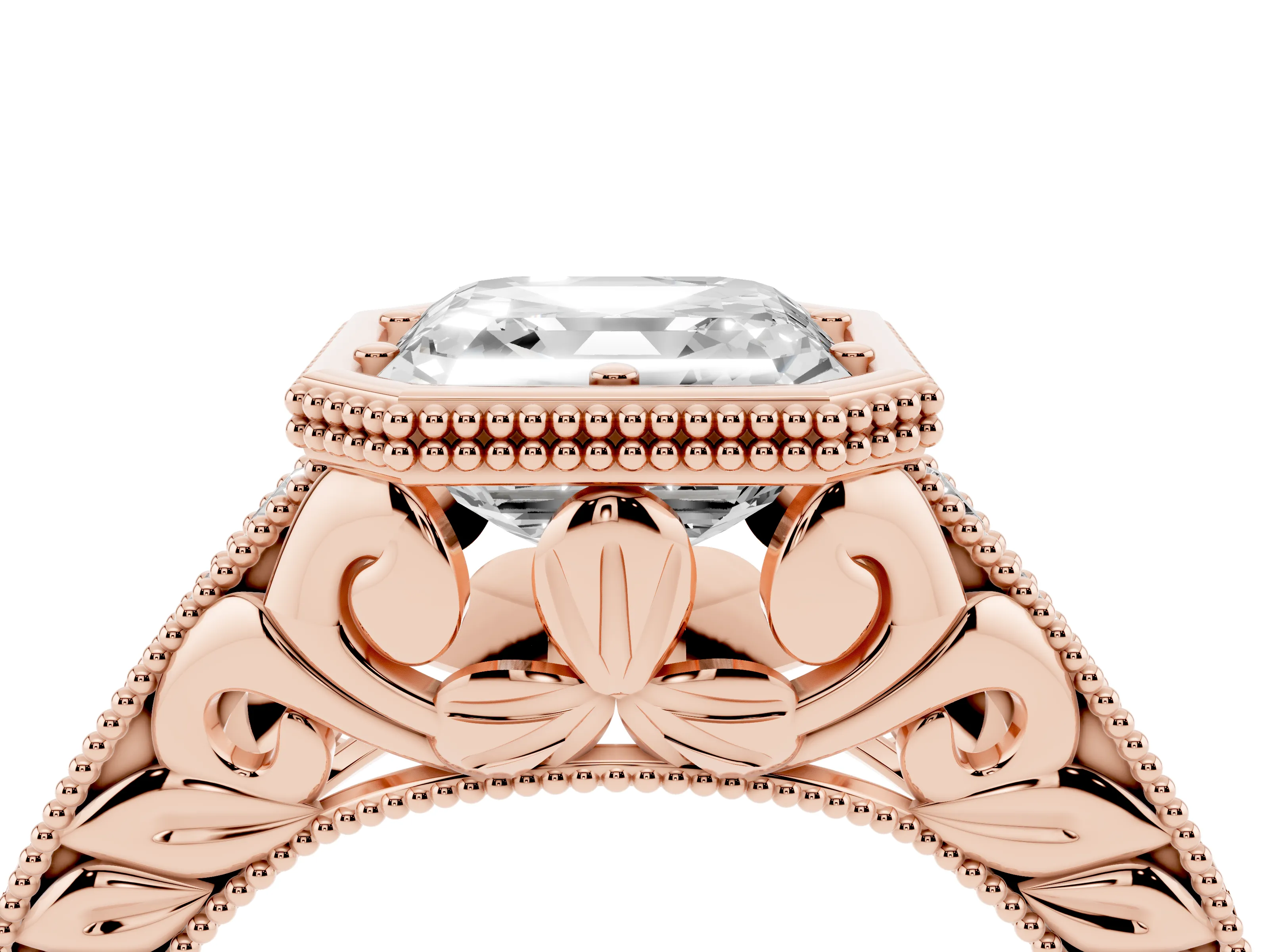 Bezel Set Asscher Cut Diamond Milgrain Pavé Engagement Ring Set in Rose gold