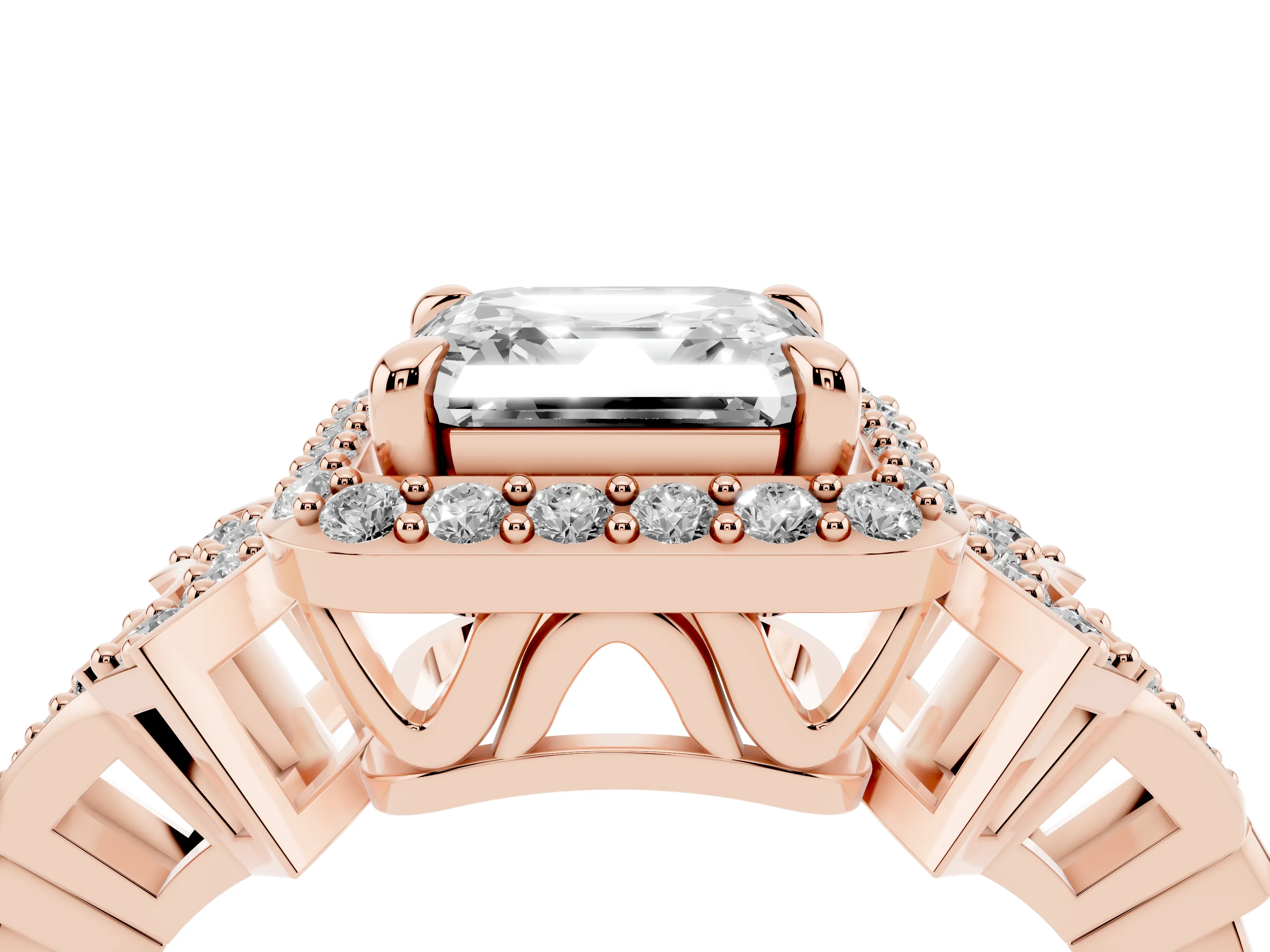 Asscher Cut Diamond Halo Engagement Ring Set in Rose gold with Accent Stone Split Shank