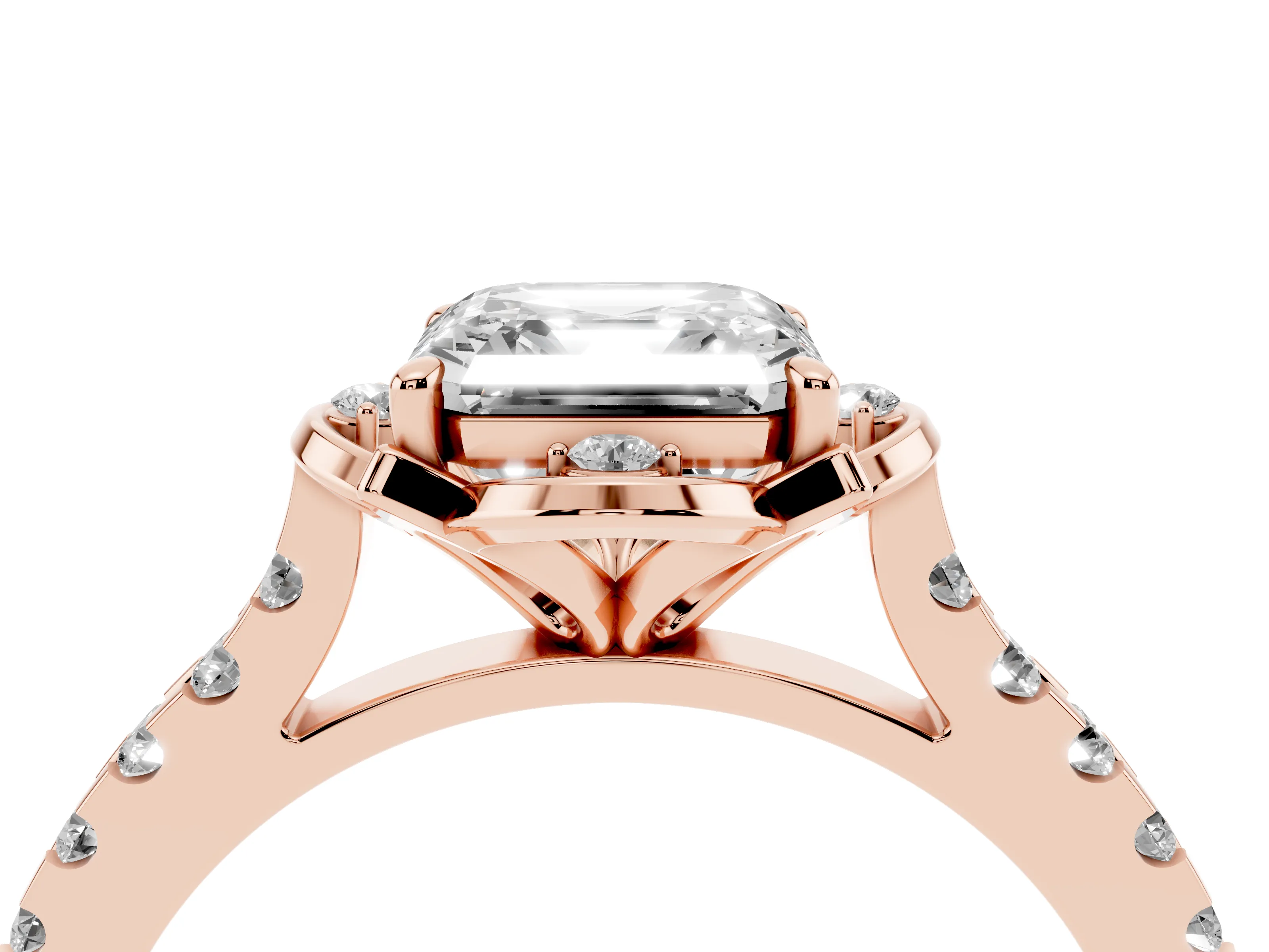 Asscher Cut Diamond Solitaire Ring Set in Rose gold with Pavé Band and Floral Prong Setting