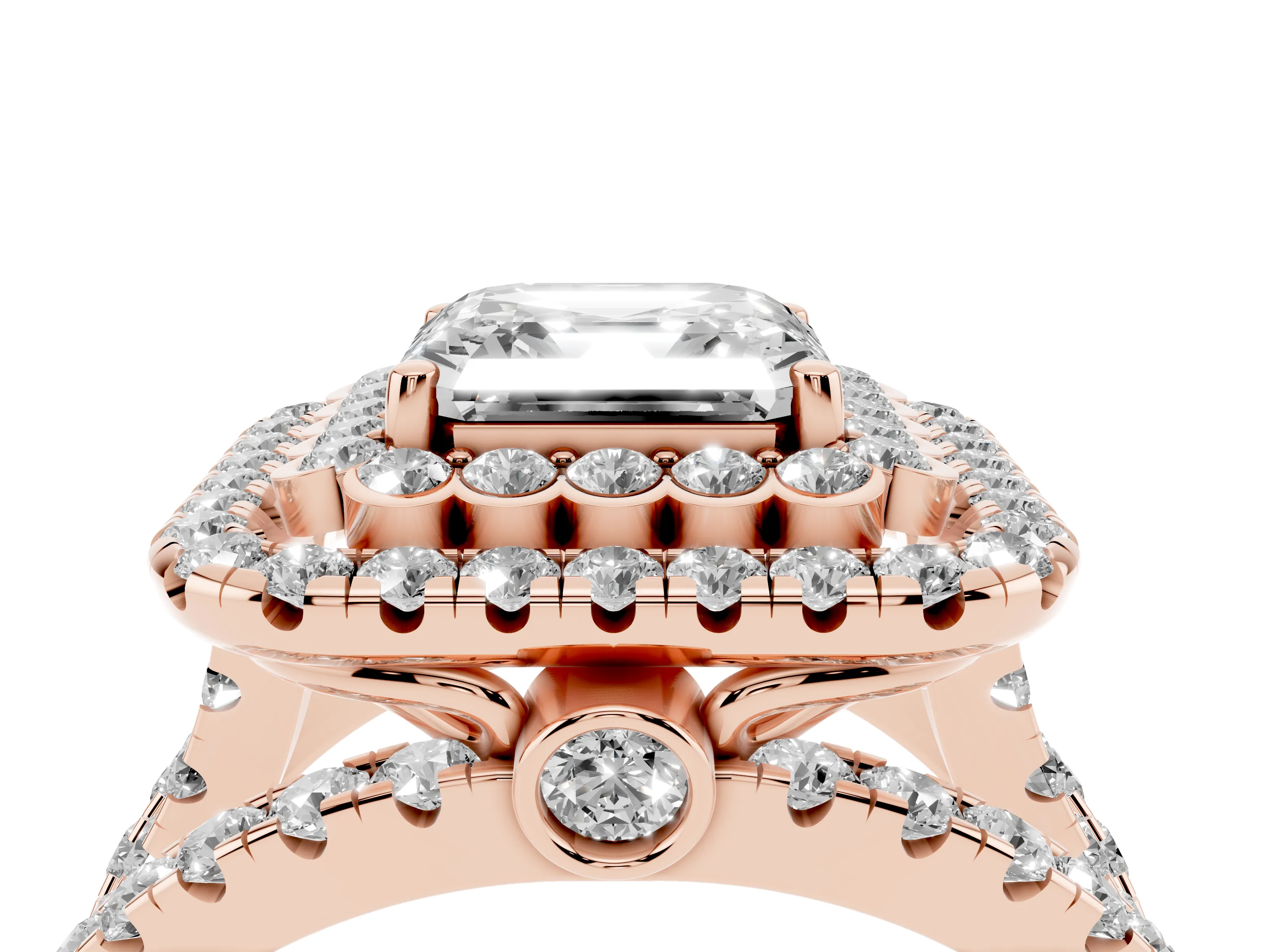 Asscher Cut Diamond Double Halo Ring Set in Rose gold with Round Pavé Split Shank