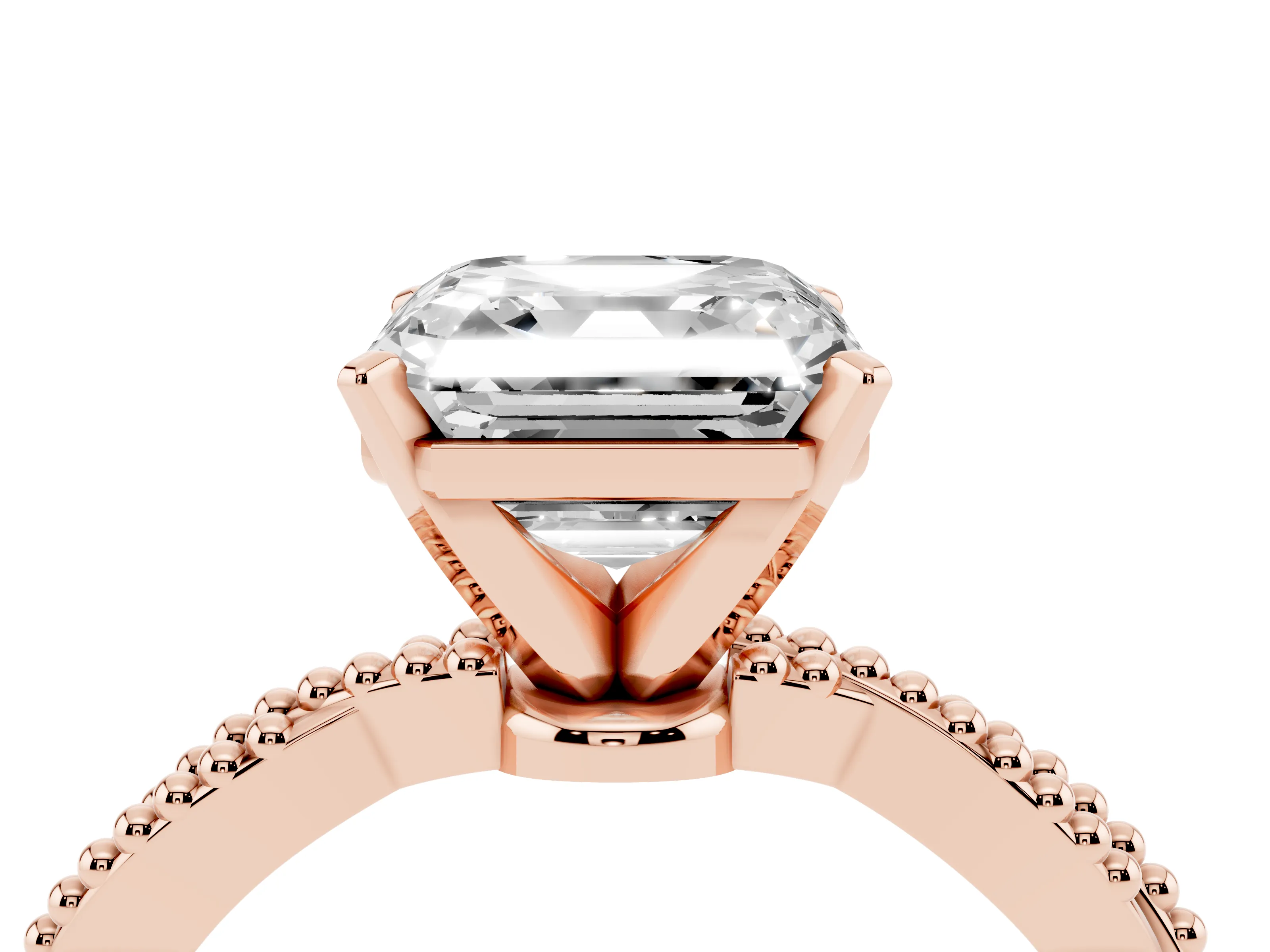 Asscher Cut Diamond Solitaire Ring Set in Rose gold with Twisted Band and Bead Prong Setting