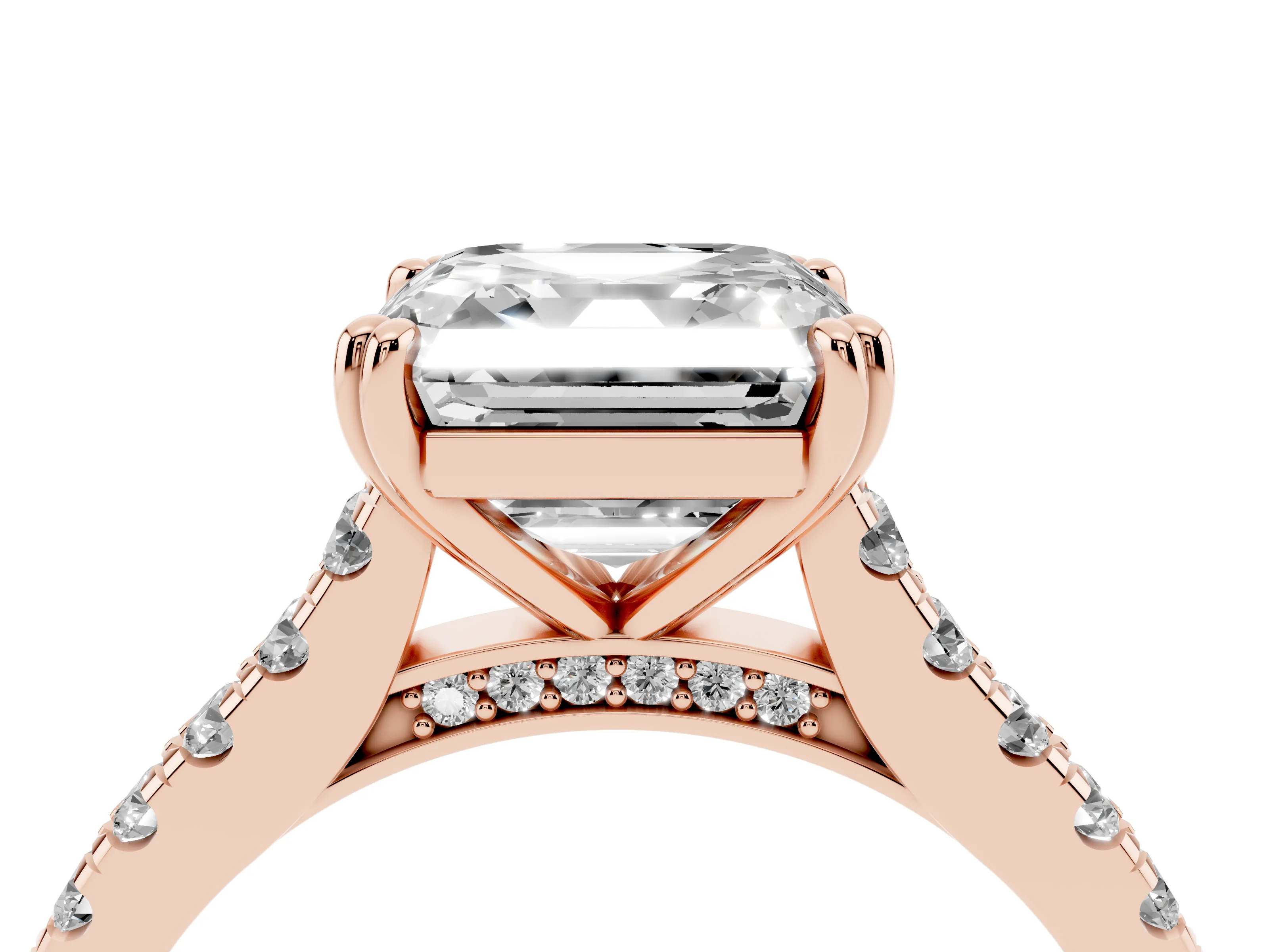 Asscher Cut Diamond Solitaire Engagement Ring Set in Rose gold with Pavé Accents and Prong Setting