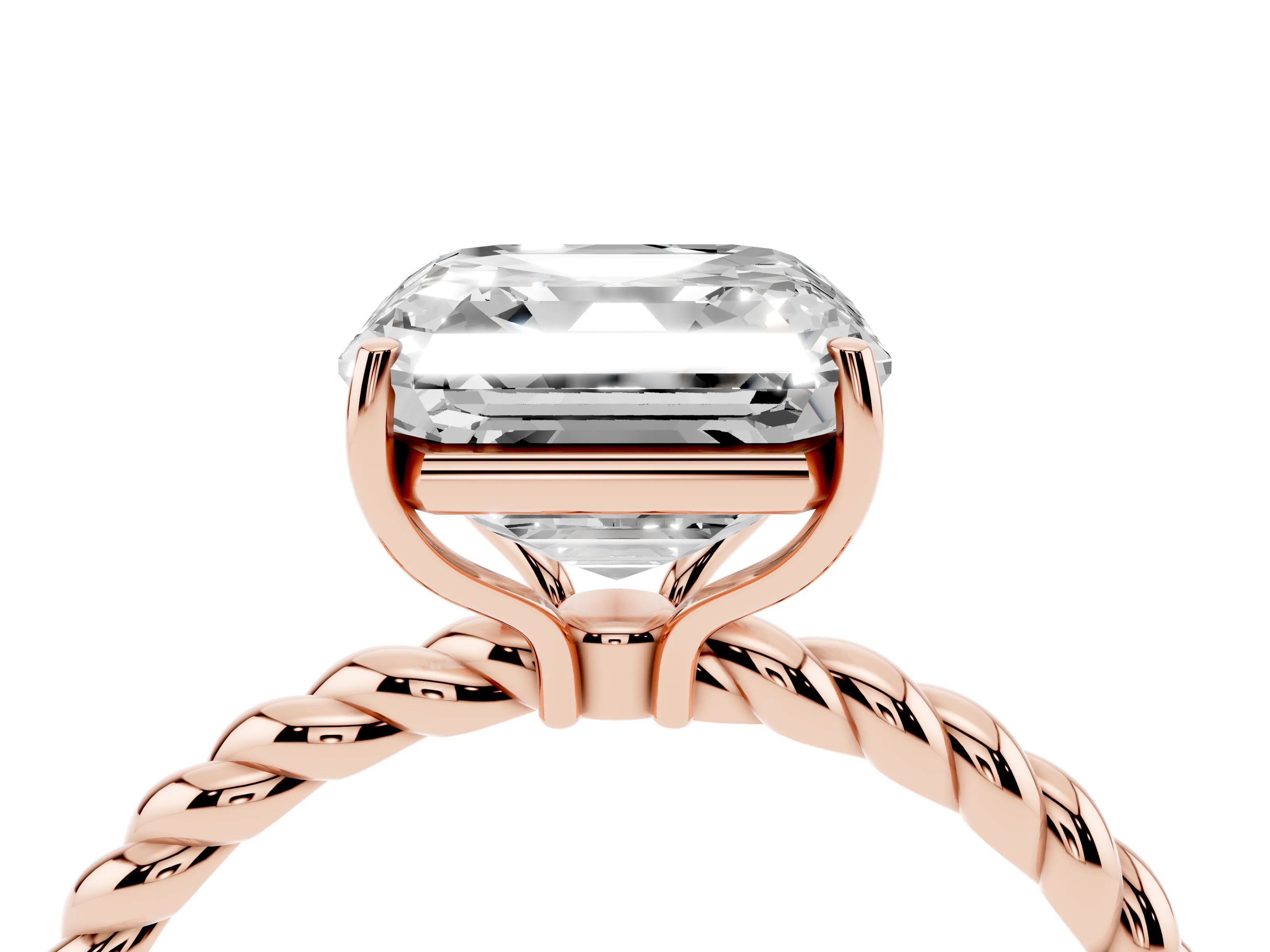 Asscher Cut Diamond Solitaire Ring Set in Rose gold with Twist Band and Prong Setting