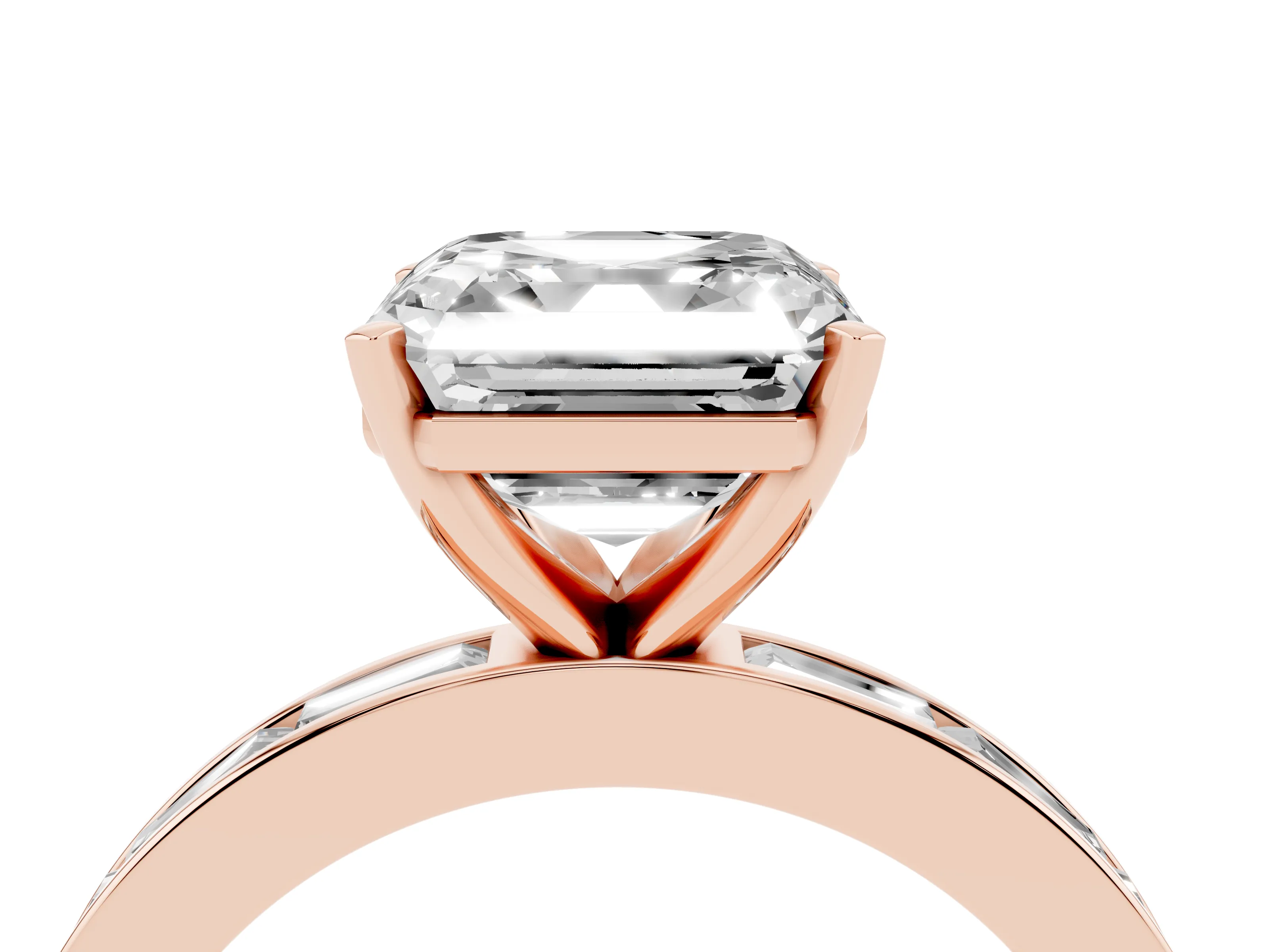 Asscher Cut Diamond Solitaire Ring Set in Rose gold with Channel-Set Baguette Band and Prong Setting